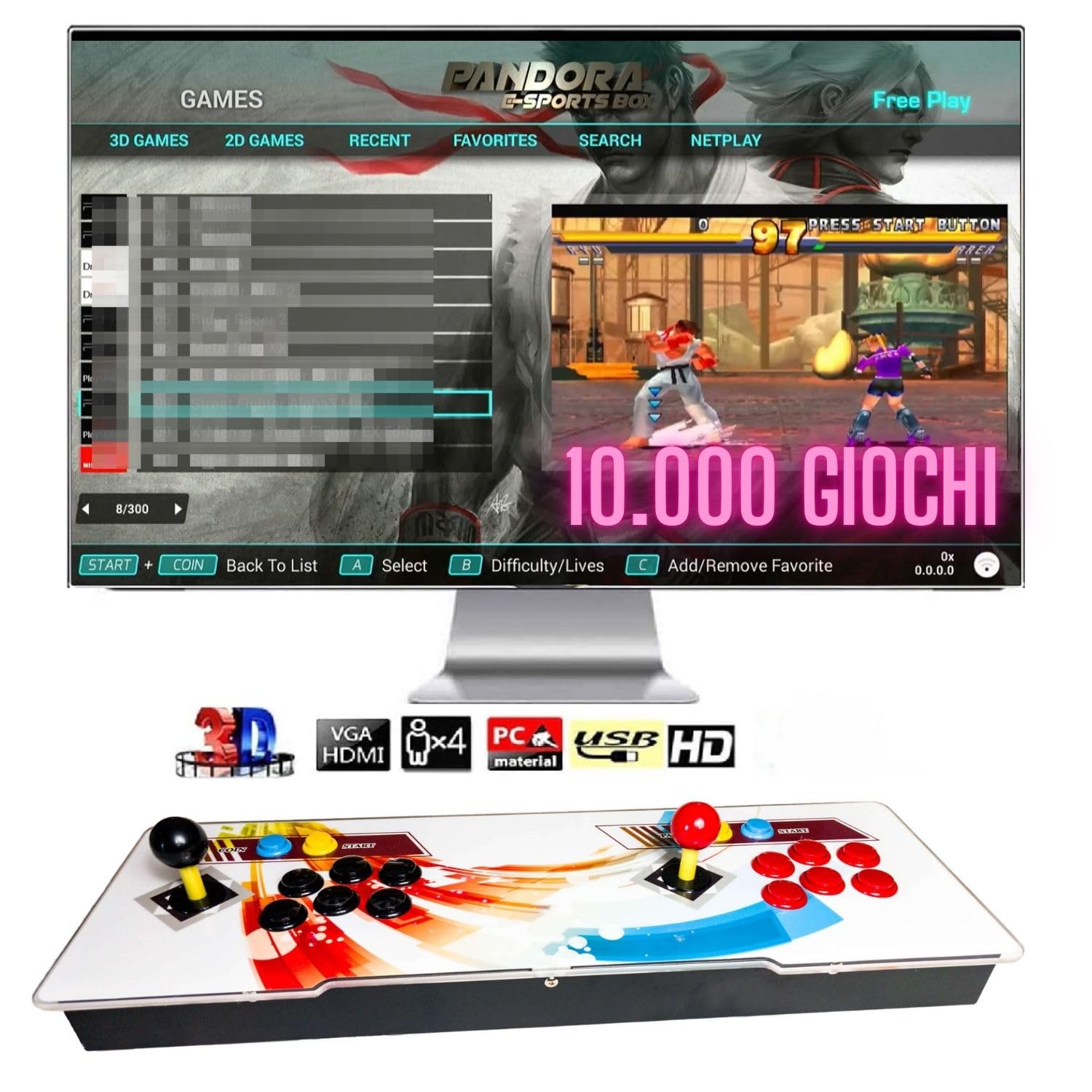 ONFIRE GAMES | PandoraBox E-SPORT | Console Arcade Standalone Con Più di 10000 Titoli Installabili Made in Italy | Tasti Personalizzabili e Controlli Arcade Classici (bianco)