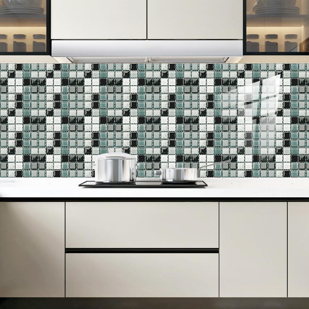 Autocollants Muraux Carrelage Cuisine 10 Pièces - Mosaïque Adhésive PVC - Noir, Blanc, Gris - 10x10cm