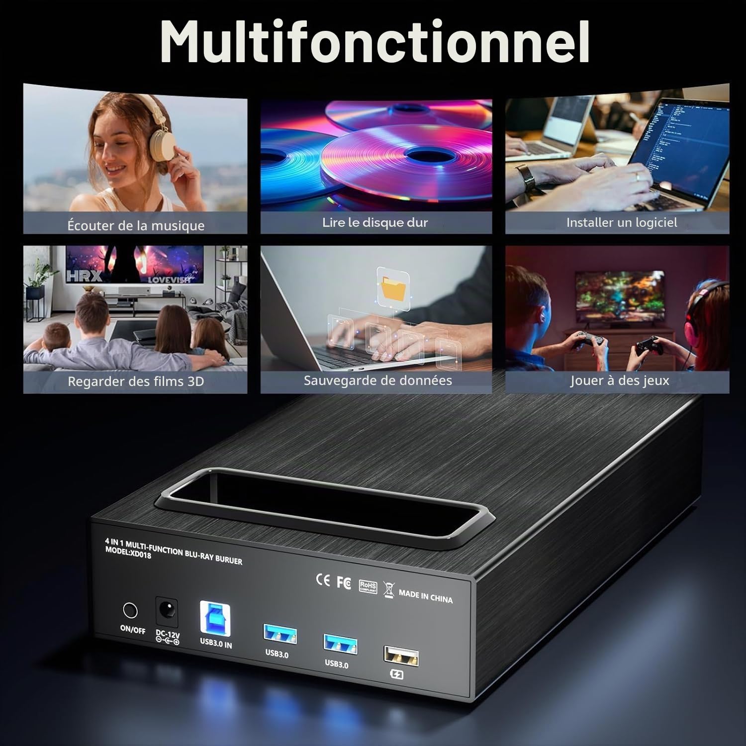 Yaeonku Lecteur Blu-ray externe 4 en 1, 16 x USB 3.0 et lecteur Blu-Ray externe de type C, chargeur rapide multifonctionnel, graveur CD/DVD de bureau, graveur CD/DVD avec boîtier de disque dur