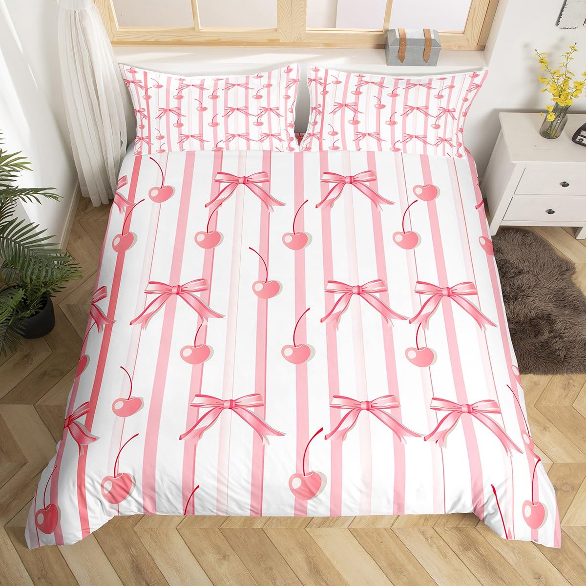 Loussiesd Pink Bows Bedding Set Double Size Cute Cherry for Girls Teens Bedroom Decor Stripes Duvet Cover Breathable Soft Lightweight Microfiber