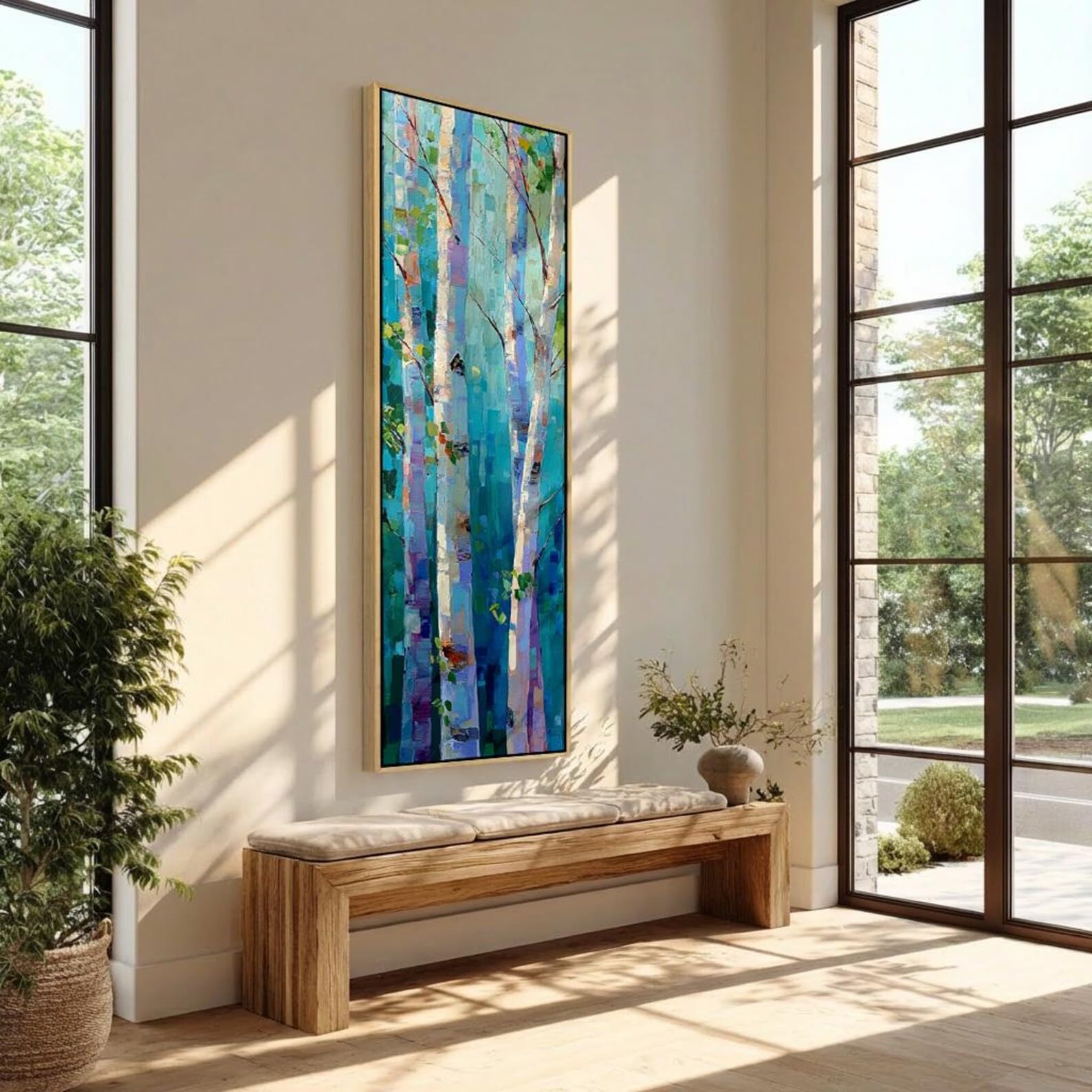YUSUZHU Quadro su tela alto e stretto, ideale per ingresso e corridoio, con stampe verticali di alberi, betulla su tela, decorazione naturalistica lunga e sottile (20x60 cm/cornice interna)