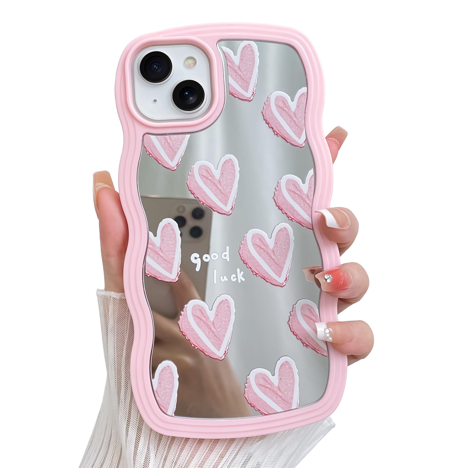 Coque iPhone 14 Plus miroir cœurs avec bords ondulés antichoc
