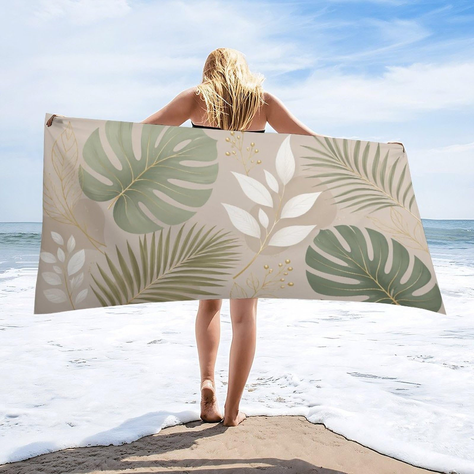 Anceky Tropical Leaves Beach Towel 32"×63",Soft Microfiber Bath Towel Shawl, Quick Dry Absorbent Pool Spa Gym Shower Towel