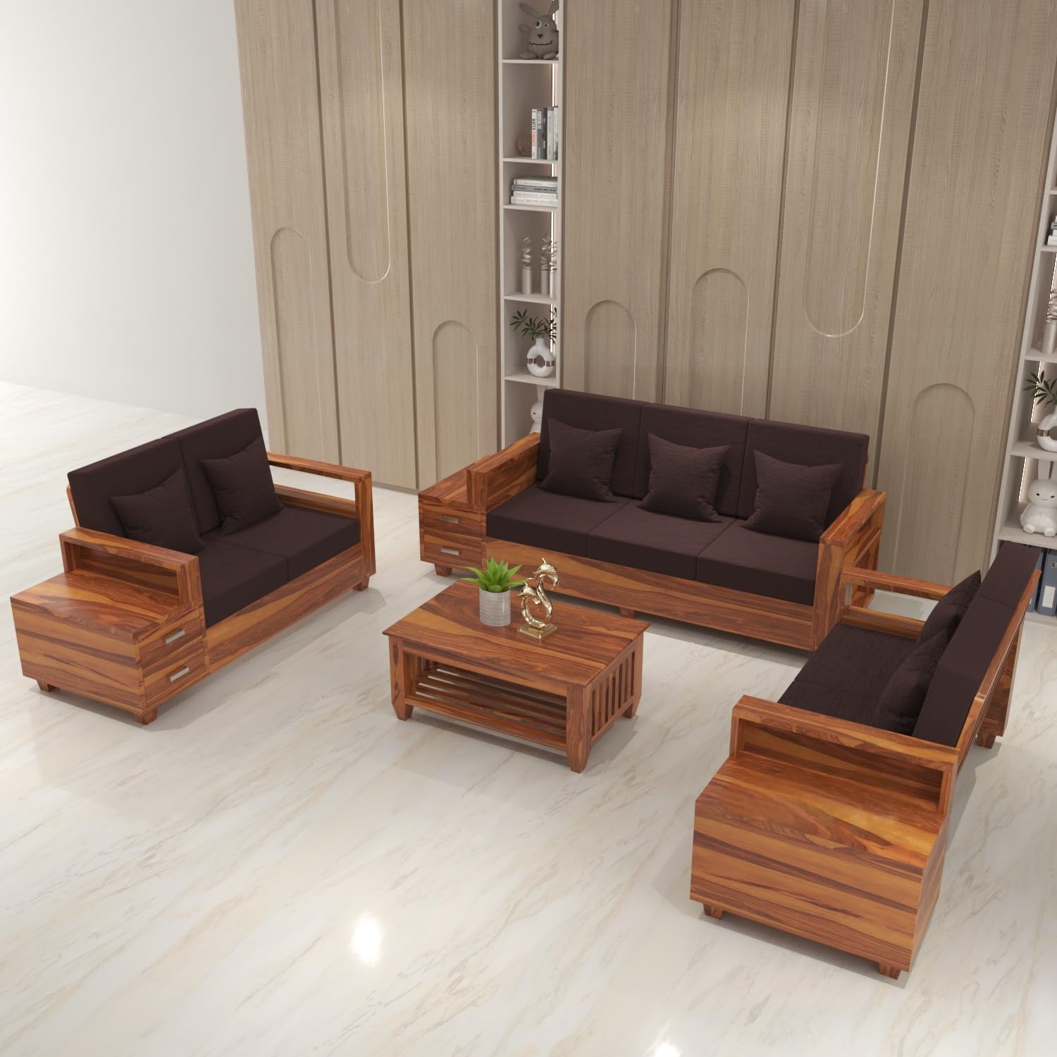 solid sheesham wood 7 seater sofa set with drawer storage for living room | wooden sofa set furniture for home & office | 3+2+2 seater sofa set with brown cushion (honey finish)