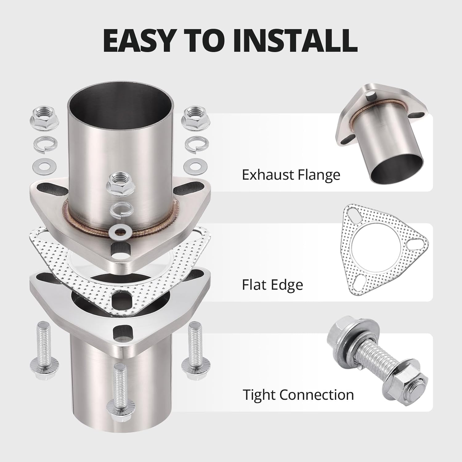 EVIL ENERGY 2.25“ID 3 Bolt Exhaust Flange Repair Piping Kit, 304 Stainless Steel Exhaust Flange and Gasket Set with Bolts and Nuts, Universal Flange Replacement Kit for Quick Fix Repair