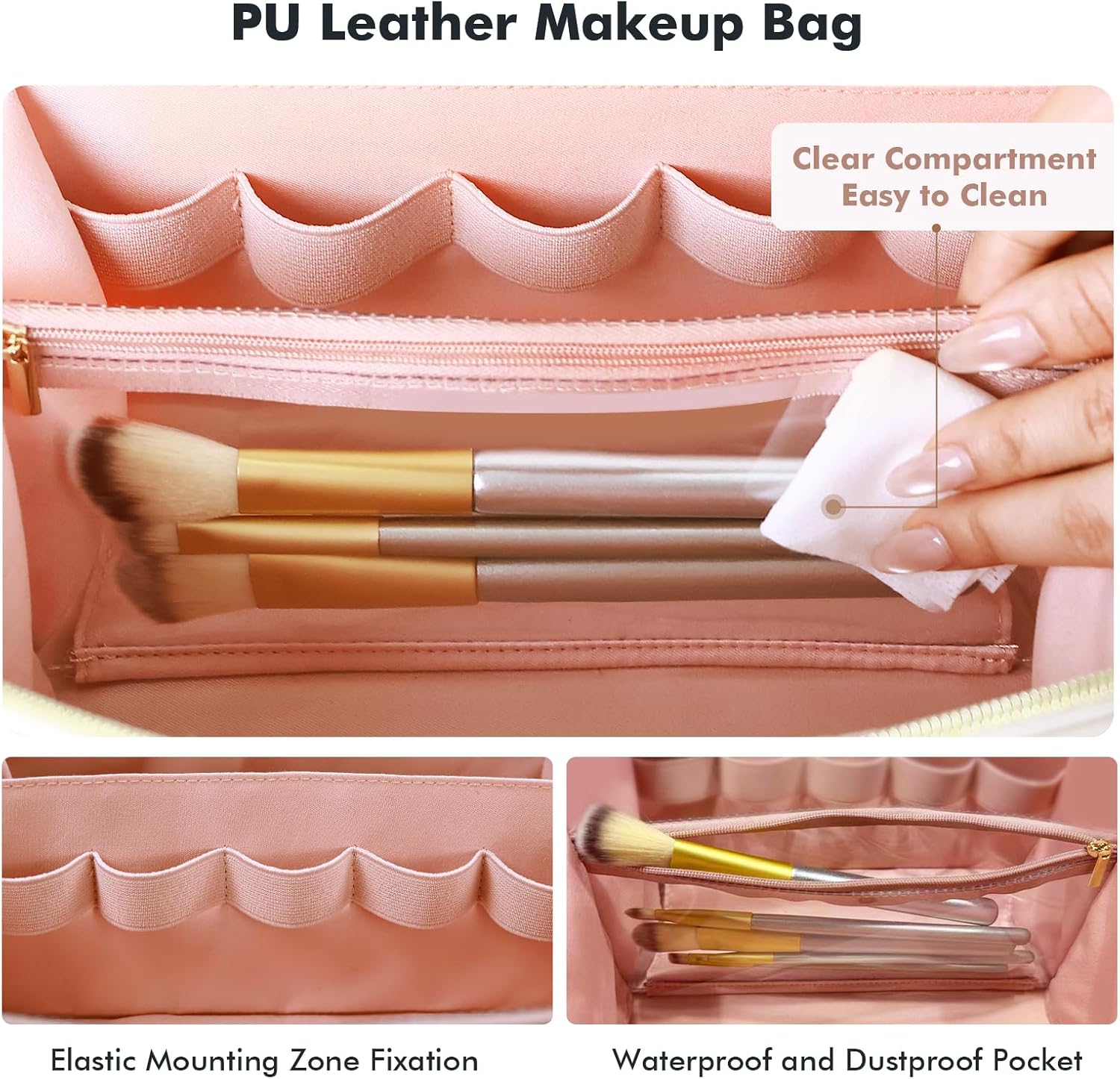 Prite Makeup Bag for Women Travel Waterproof Vegan Leather Cosmetic Bag Open Flat Toiletry Bag With Clear Divider and Handle (Large Pink Pro)