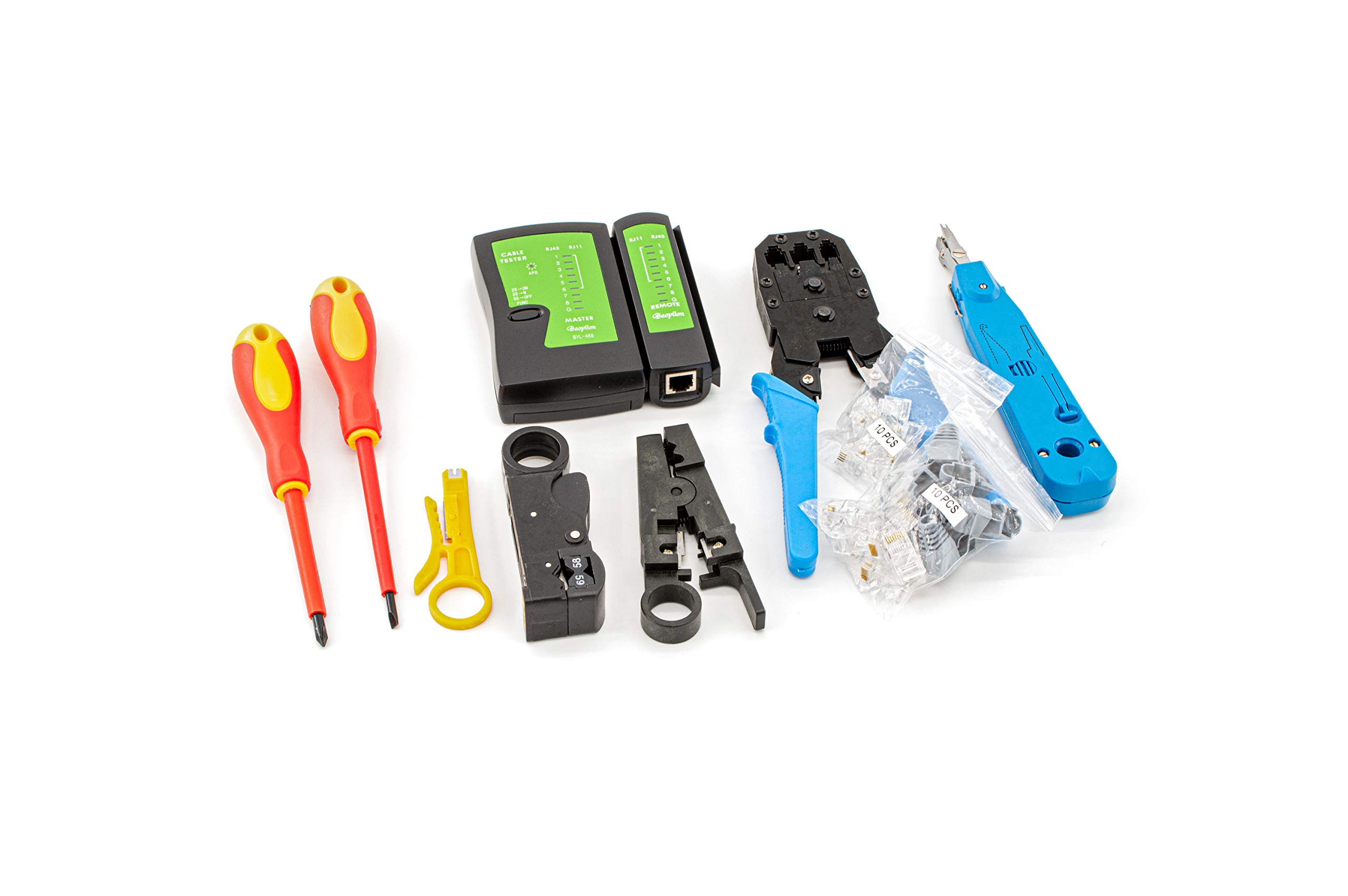Juego de herramientas de red (incluye comprobador de red RJ45, LSA+, crimpadora, 2 pelacables, 2 x 10 conectores RJ11/RJ45 en bolsa estable, 10 piezas)