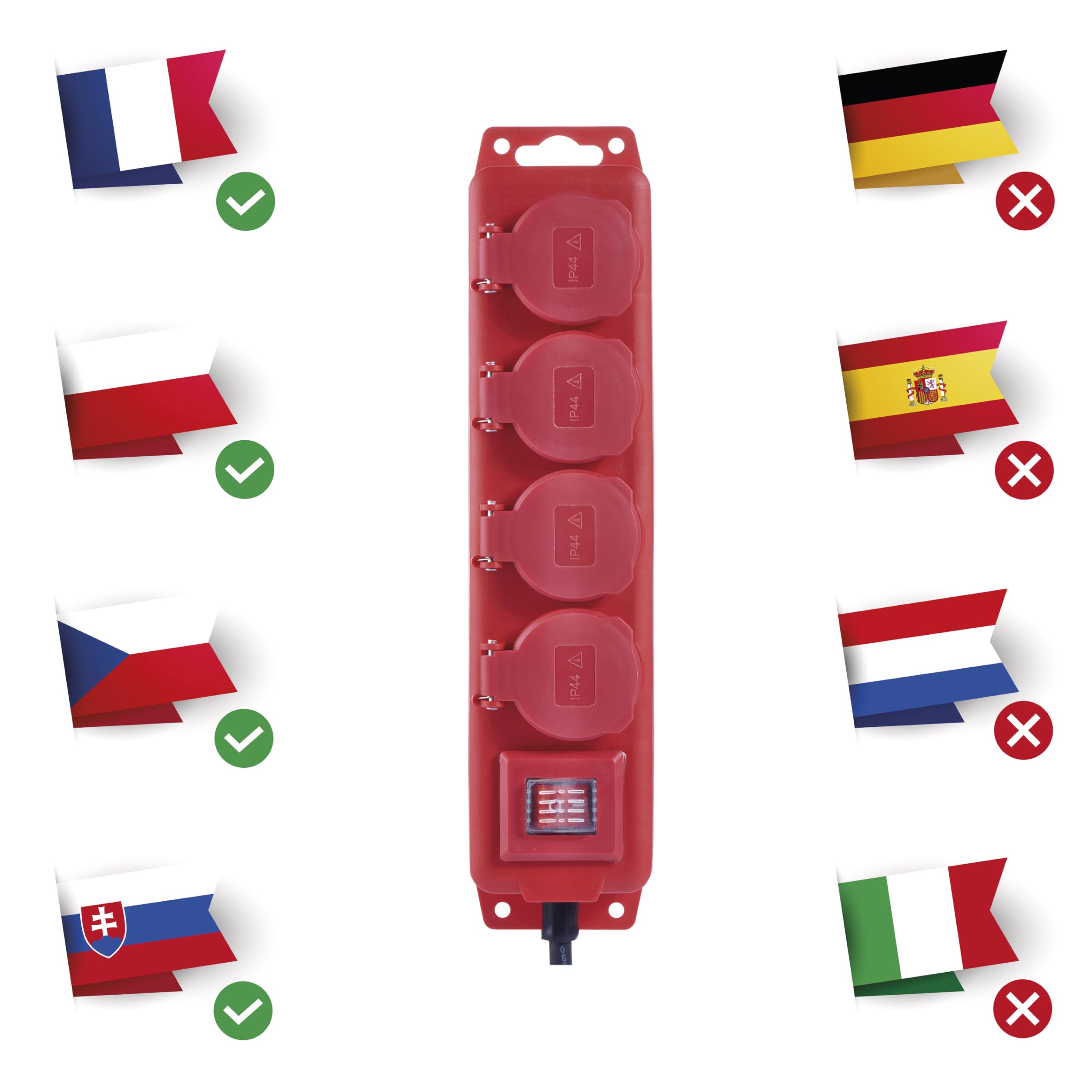 EMOS multiprise 10 m, 4 Prises françaises, Interrupteur, IP44 extérieur | prises 45°, 250 V, 3680 W, avec couvercle