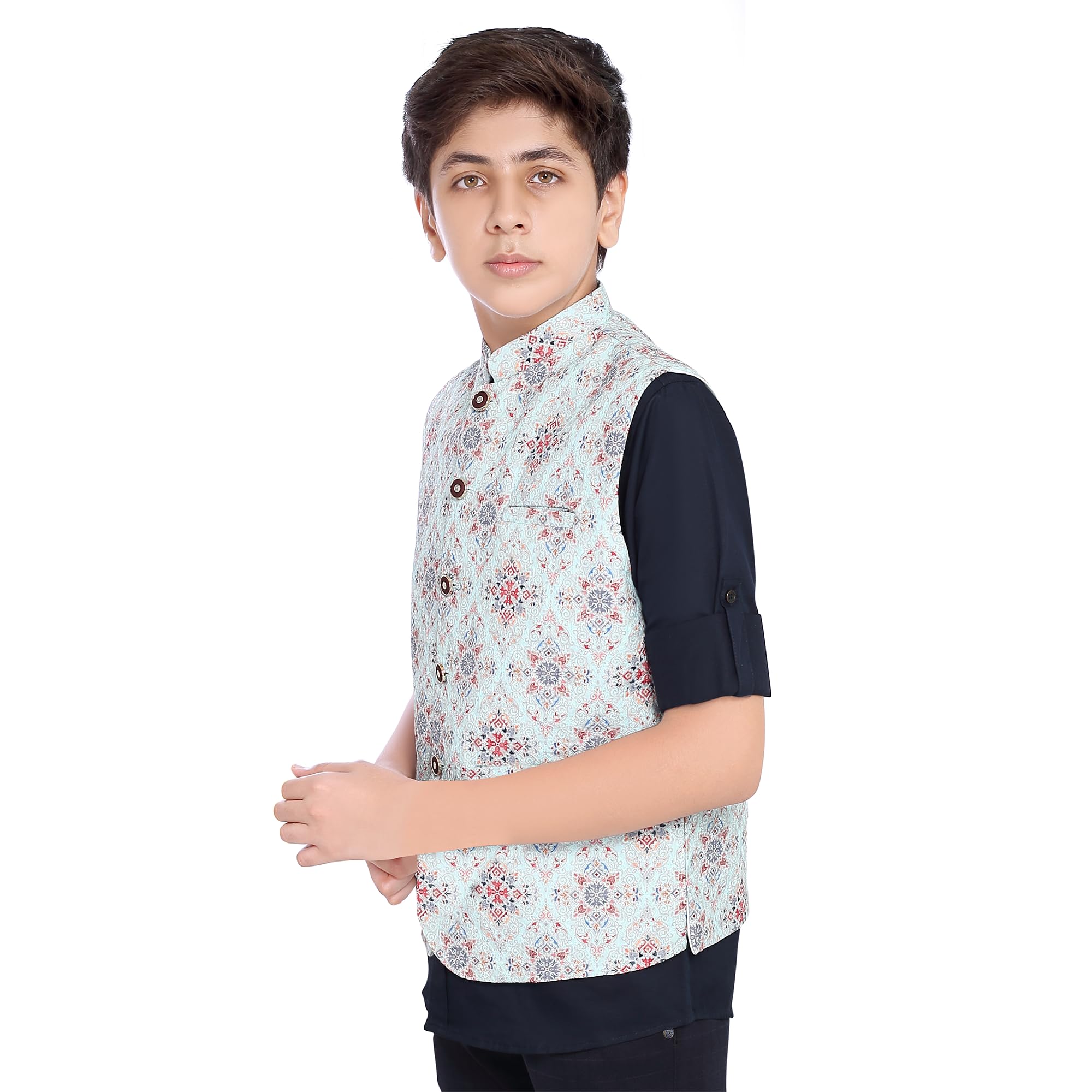 CHARCHIT Boys SeaGreen Printed Nehru Jacket and Shirt