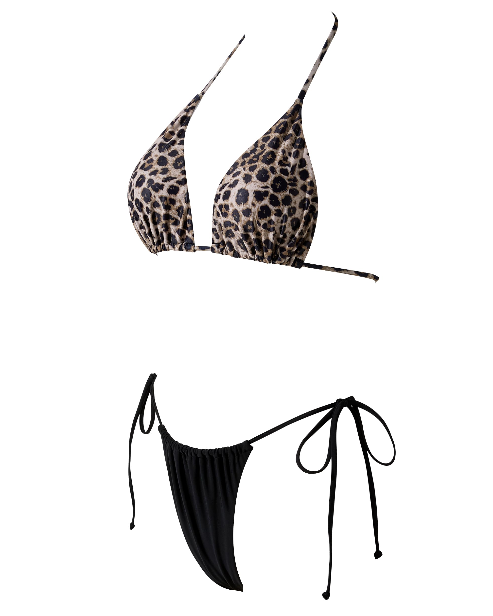 MOSHENGQI Women Sexy Brazilian Bikini 2 Piece Spaghetti Strap Top Thong Swimsuit Bathing Suit: X-Small Leopard-black-1