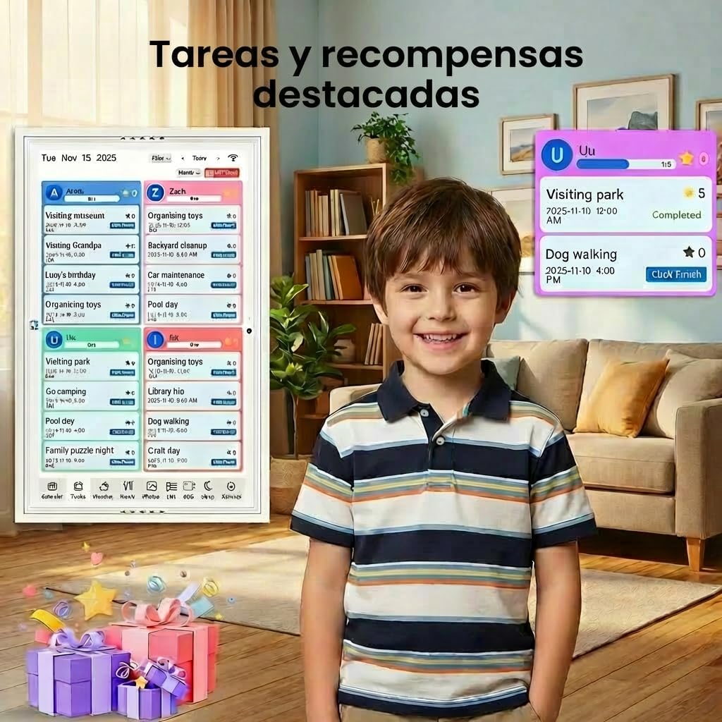 Calendario Digital, Calendario Electrónico de Pared 15,6" 32GB, Planificador Familiar Inteligente, Recompensas por los Logros y Planificador de Comidas, Pantalla Táctil 1920 * 1080