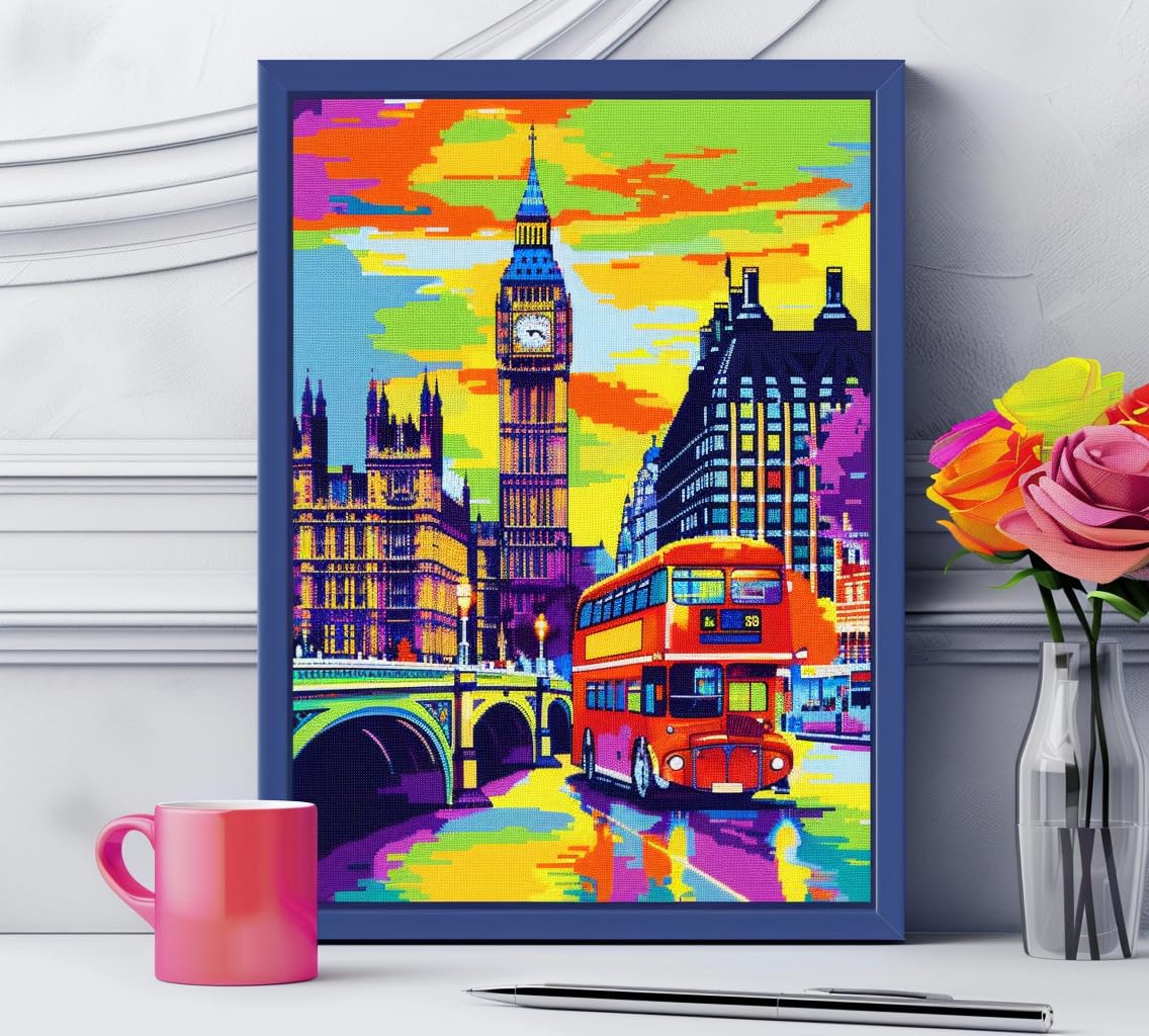 Generic Kit de broderie au point de croix estampillé 11CT pour débutants - Motif paysage urbain de Londres coloré - Décoration murale - 35,6 x 35,6 cm Generic Kit de broderie au point de croix estampillé 11CT pour débutants - Motif paysage urbain de Londres coloré - Décoration murale - 35,6 x 35,6 cm
