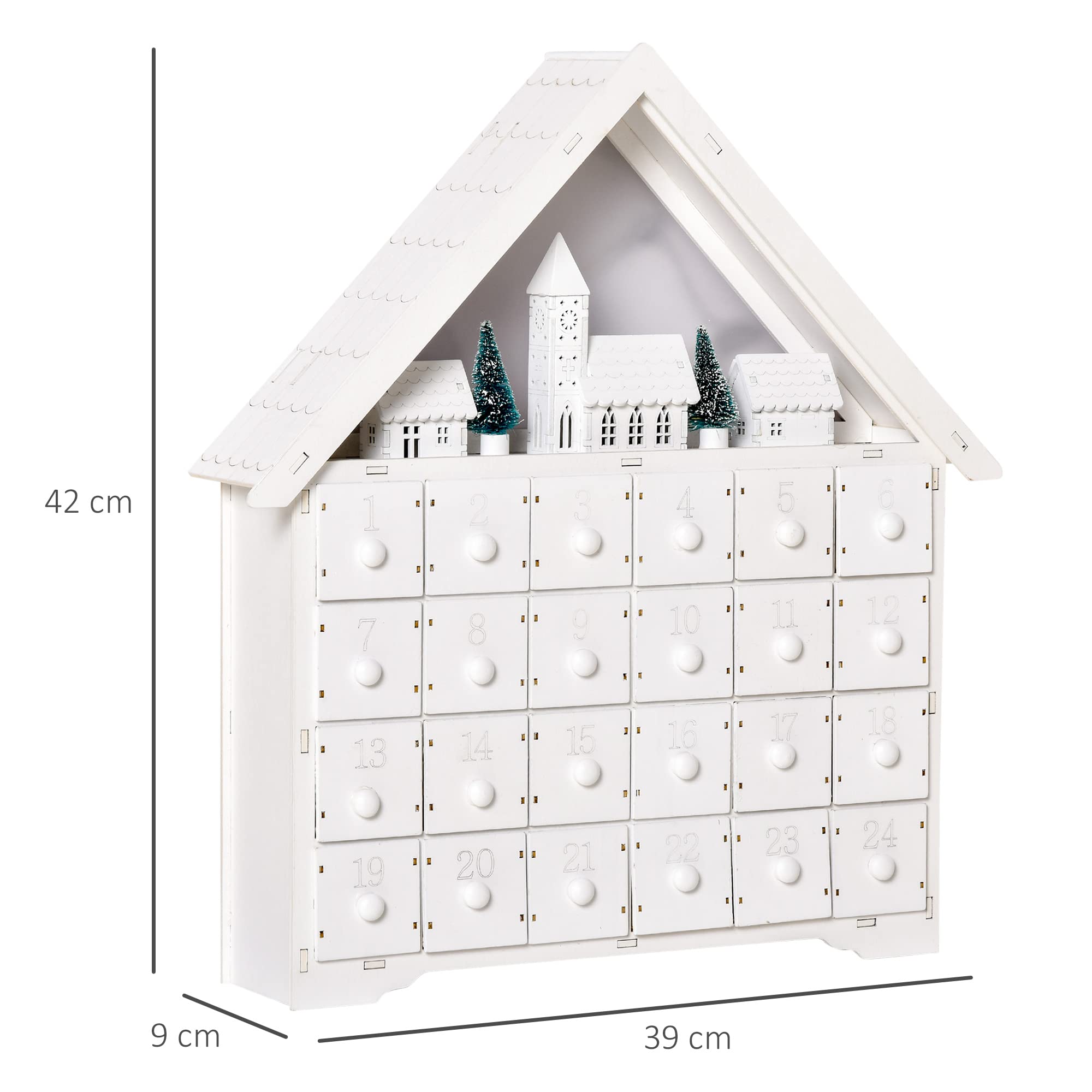 HOMCOM Calendario de Adviento Navidad 24 Cajones Luces LED Decoración Navideña Casita 39x9x42 cm Blanco