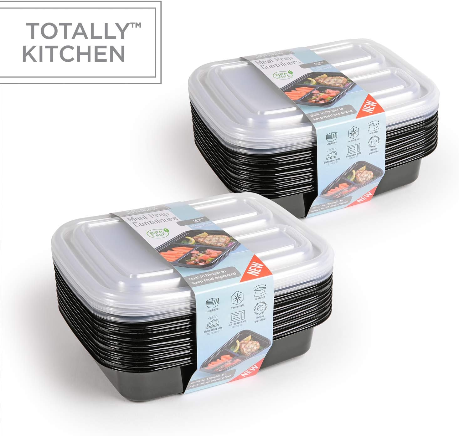 Totally Kitchen 3 Compartment Meal Prep Containers | Durable BPA Free Plastic | Reusable Food storage Container | Bento Box | Microwave & Dishwasher Safe | Black, Set of 20 (40 Pieces Total)