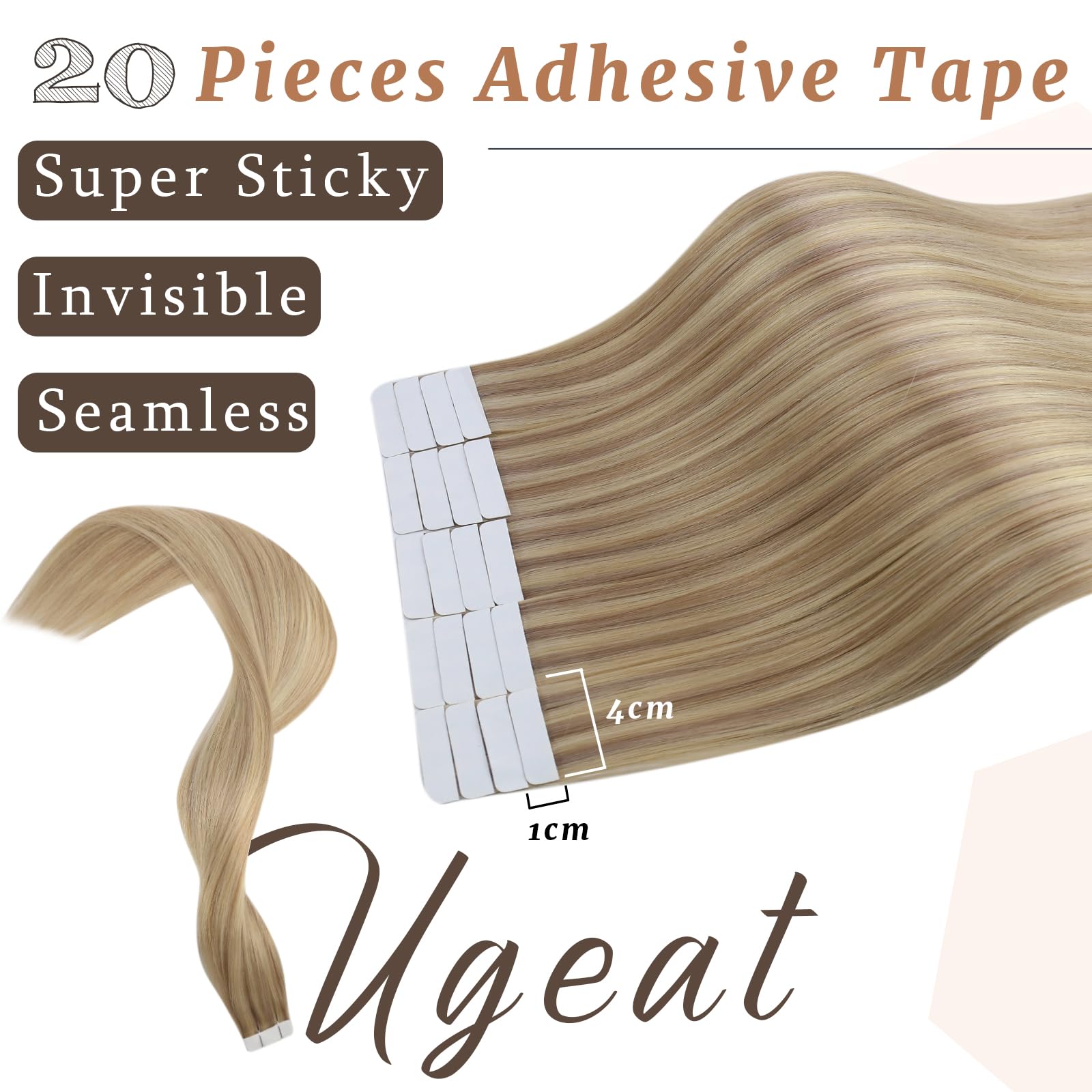 Ugeat Highlight Tape in Hair Extensions Human Hair 16 Inch Golden Blonde Human Hair Extensions Tape in Real Hair Dark Ash Blonde Natural 50G 20Pcs #16/22 - Image 3