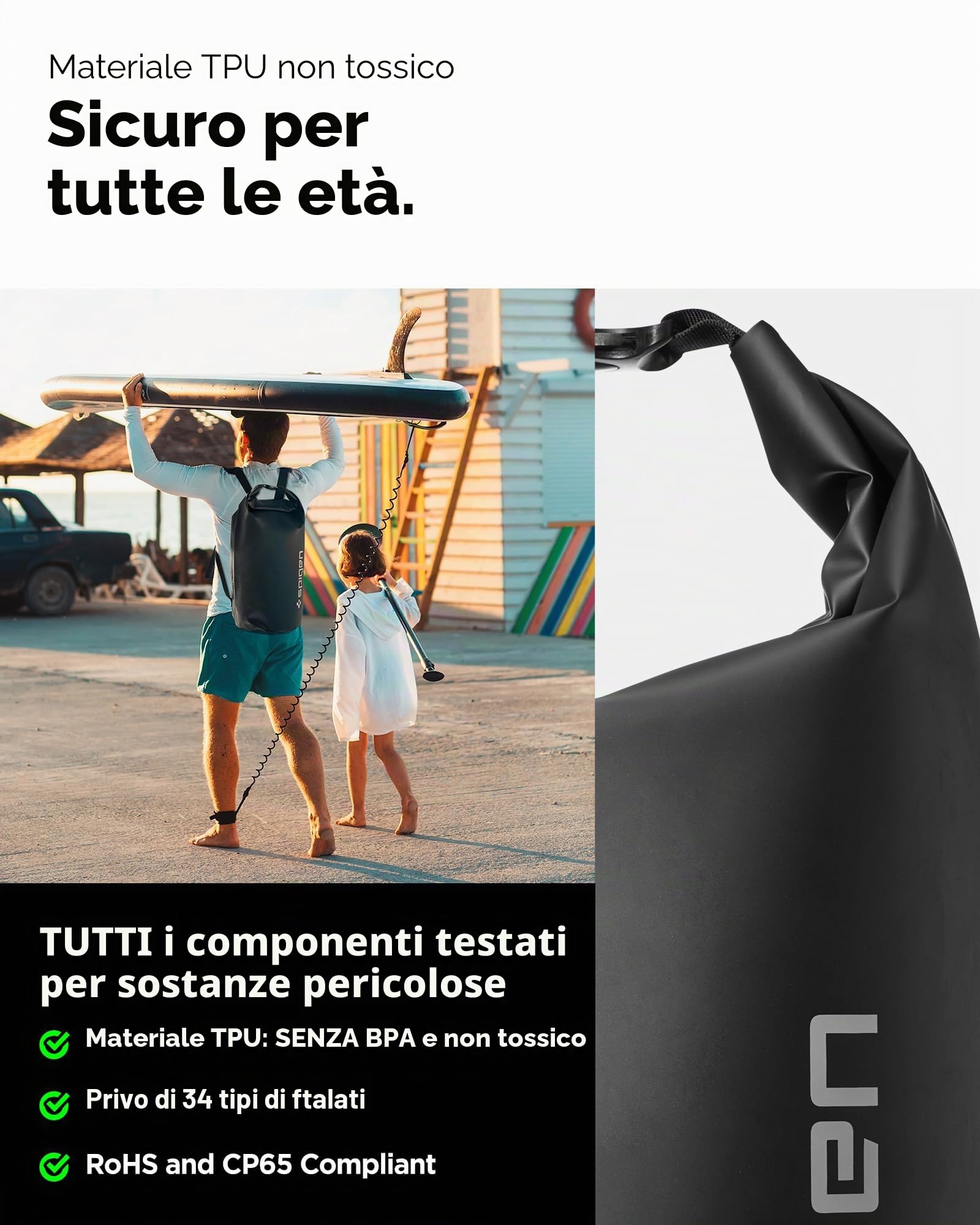 Spigen A631 Borsa Impermeabile IPX6 30L con Tasca | Nero, Borsa Impermeabile IPX6 30L, Tasca Interna, Cinghie Regolabili per Zaino o Tracolla. Roll-top