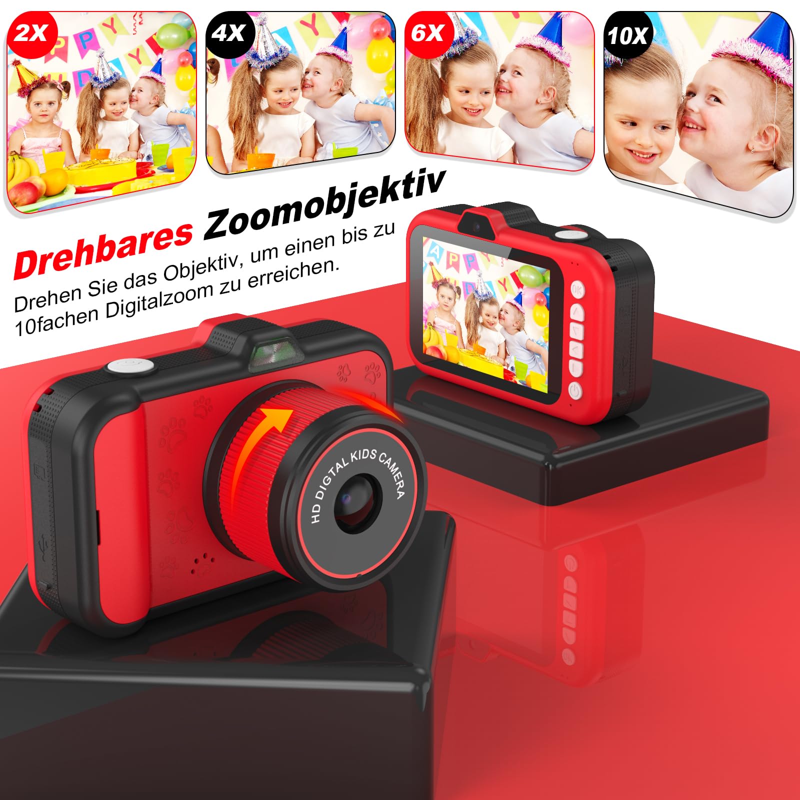 Kinderkamera | 3,5 Zoll großer Bildschirm | 360° drehbares Zoomobjektiv | 1080P HD Kamera für Kinder mit Selfie | LED-Blitz | SD-Karte 32G | Geschenk für Mädchen und Jungen 3 4 5 6 7 8 9 10 11 12