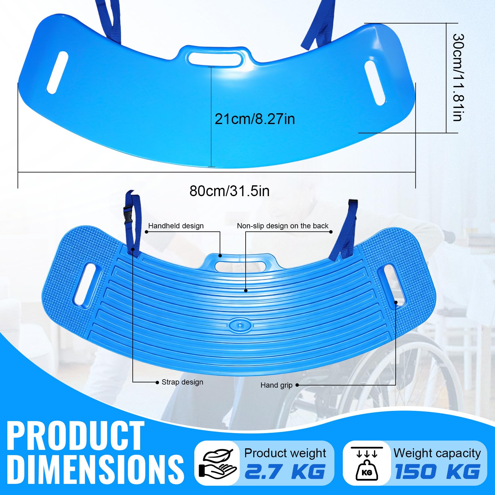 Slide Transfer Board – Transferencia de pacientes de silla de ruedas a cama, inodoro, bañera y coche – Con práctica asa (azul)