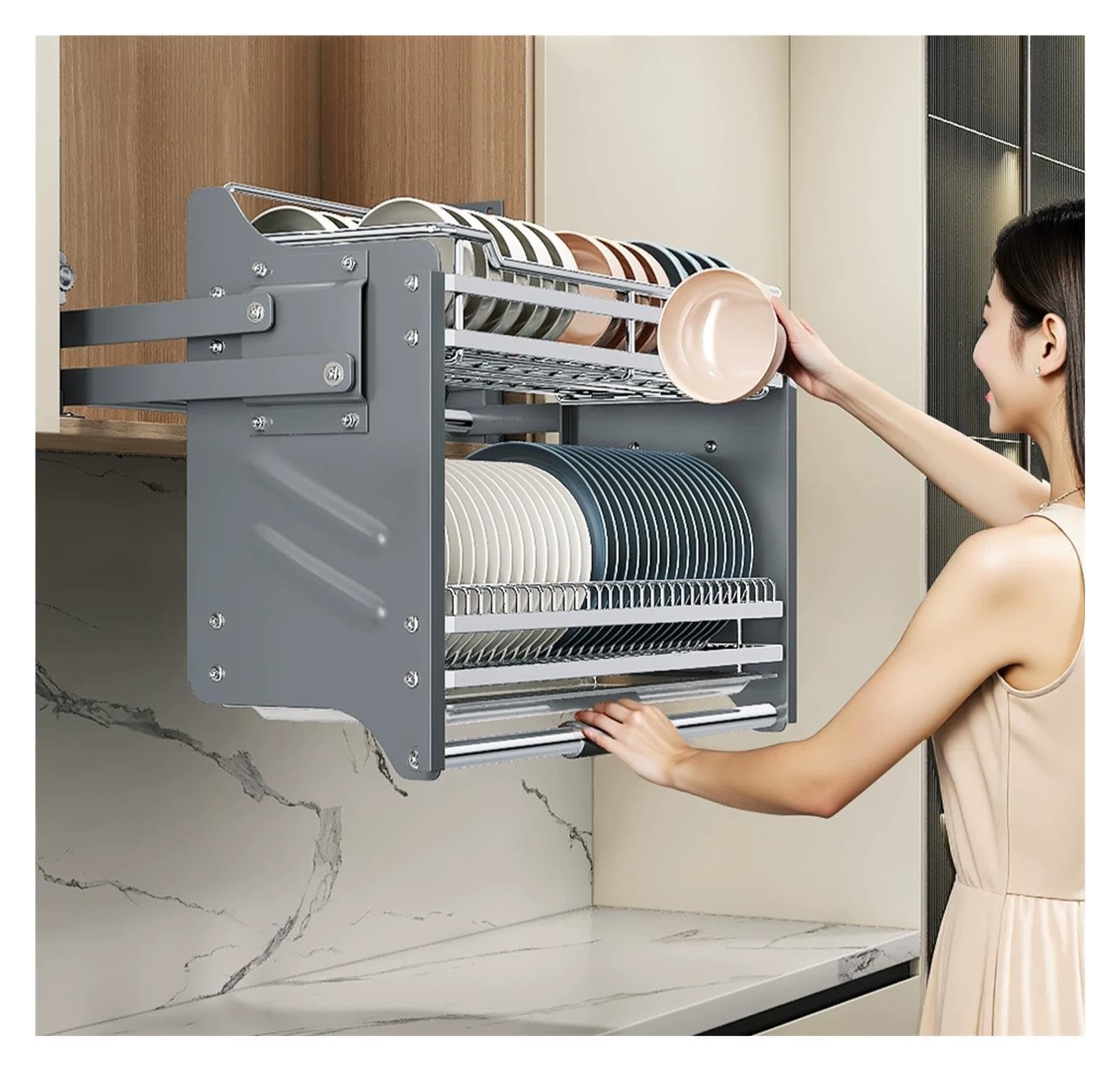 Organizzatore a 2 ripiani estraibile, in acciaio inox 304, per armadietti superiori, mensola da cucina, cestino sollevabile (lunghezza x larghezza x altezza) 71 x 28 x 52 cm