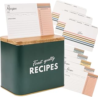 Recipe Box | Green Recipe Box with Cards and Dividers | Recipe Cards and Box Set | Recipe Card Box with Vintage Lettering and Acacia Wood Lid | 50 Cards and 12 Dividers in Boho Colors | Recipe Tin