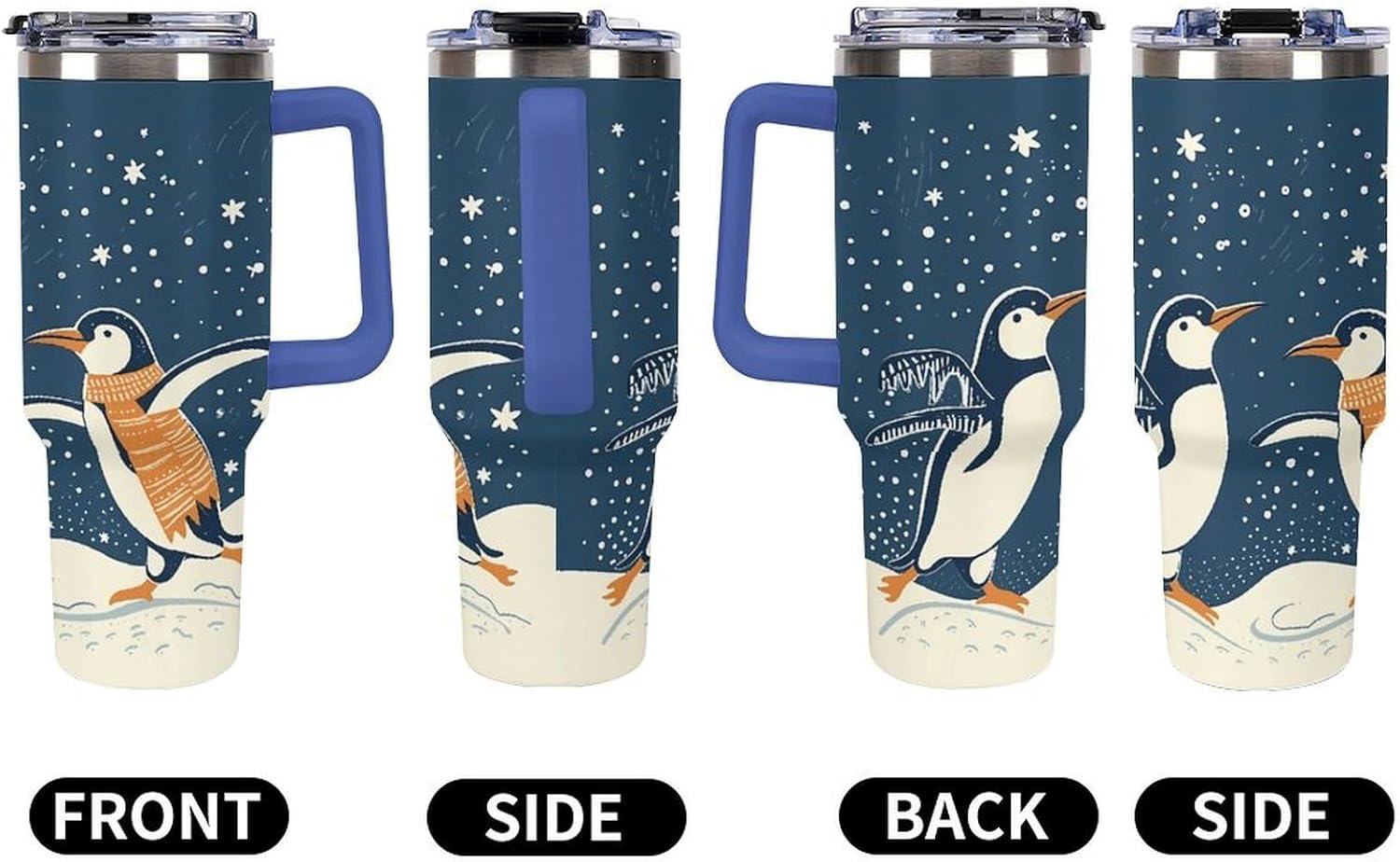 Dancing Penguin Travel Coffee Mug Reusable Durable Stainless Steel Insulated Tumbler with Handle And Straw Leak Resistant Portable Thermal Cup Gifts for Men Women 40 Oz