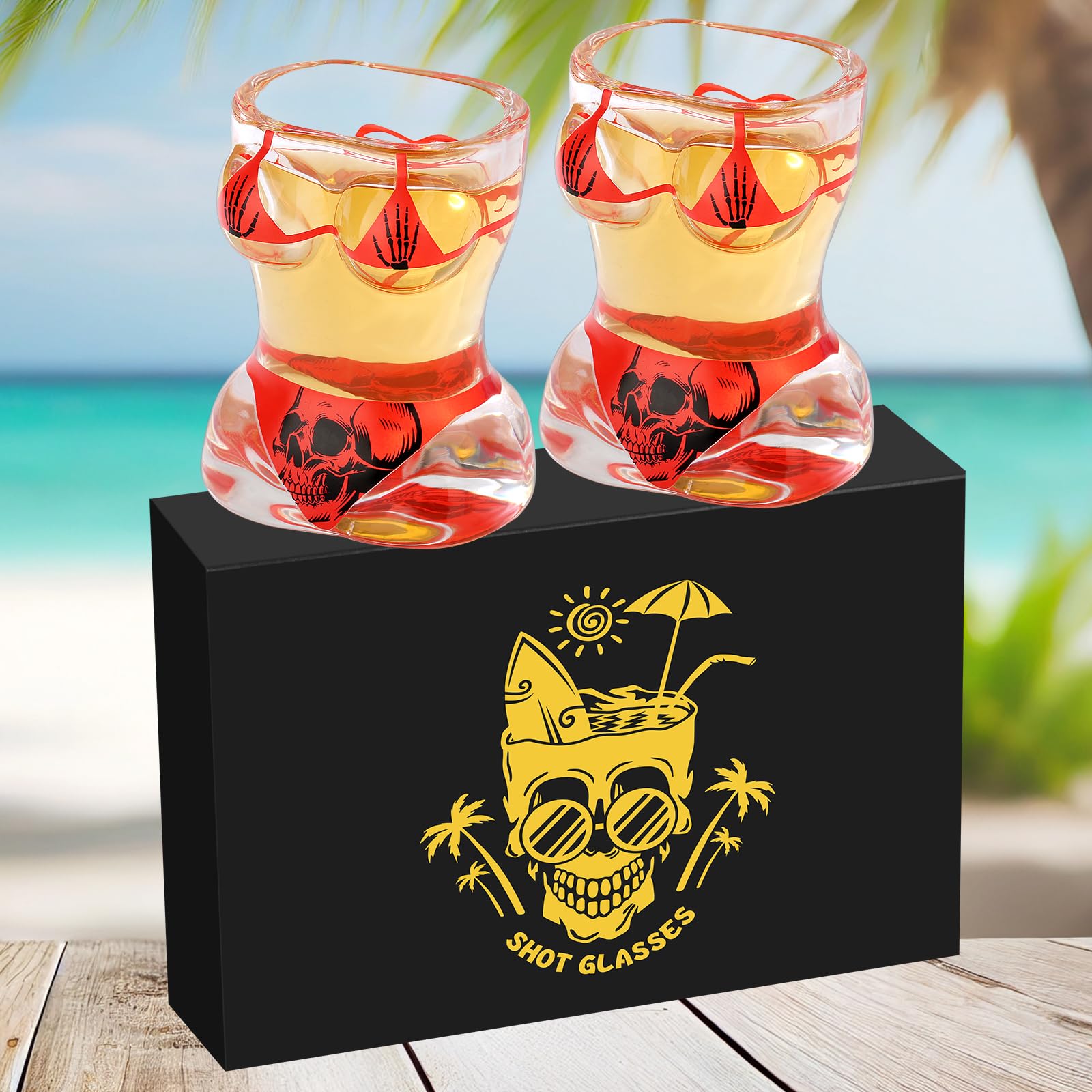 Bikini Glass Shot Glasses, Personality Skull Design, 30ml Heavy Base Shot Glass, Set of 2 with Logo Gift Box