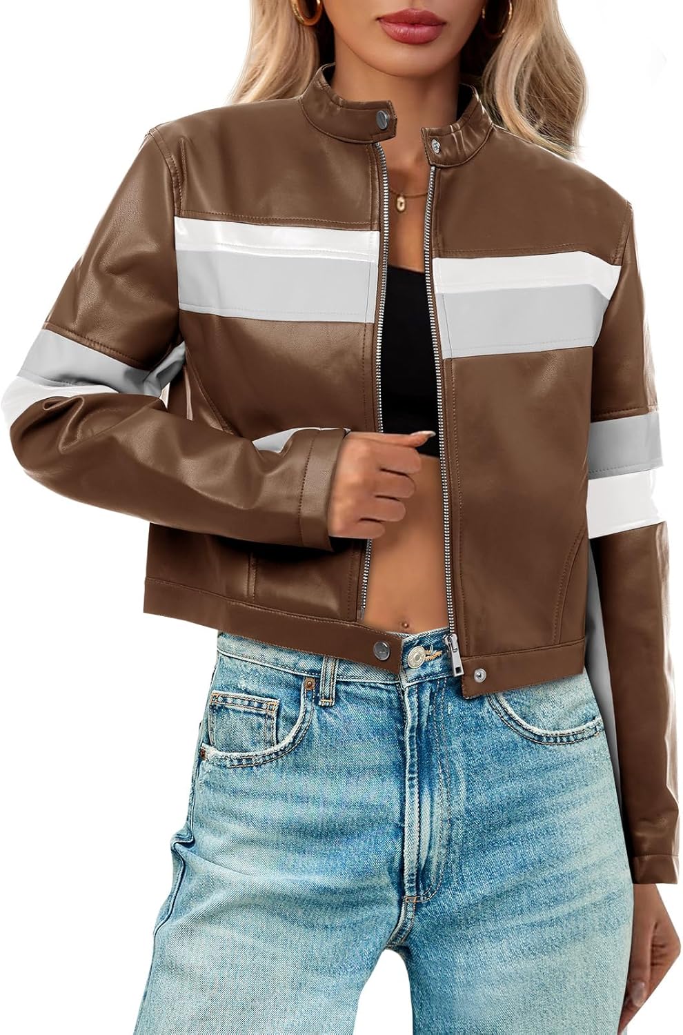 Tankaneo Womens Cropped Moto Biker Jackets Faux Leather Bomber Jacket Color Block Vintage Racing Coats