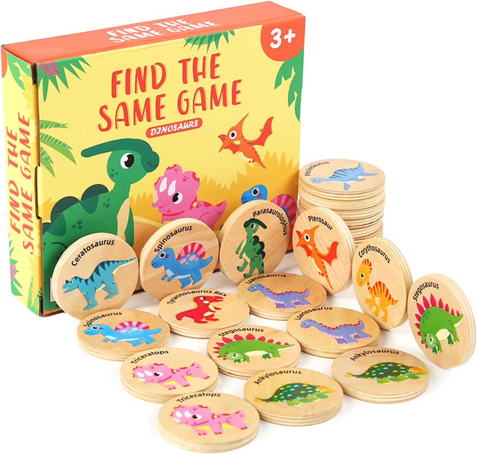 Wooden Match Memory Game for Kids, 24Pc Memory Matching Cards, Educational Memory Matching Game for Pre-Kindergarten Early Learning Development Kids-Dinosaur