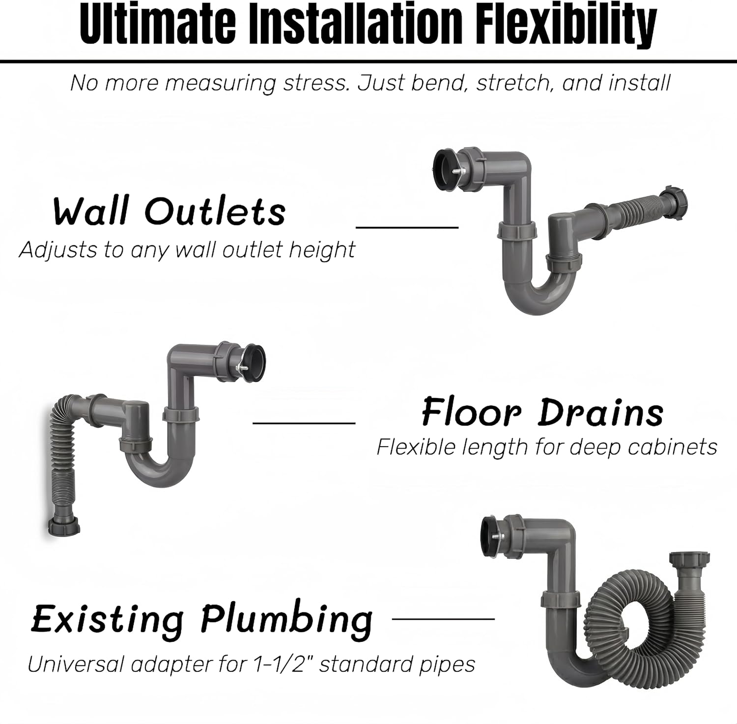 Garbage Disposal Installation Kit, Complete Kitchen Sink Drain Pipe Kit, 1-1/2" Plumbing, Compatible with Wall Mount or Floor Drain, Includes Elbow, P trap, Flange, Gasket and an Adjustable Tailpiece