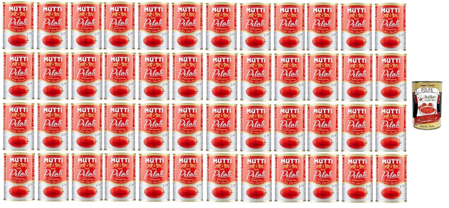 Mutti Pomodori Pelati Tomates pelées 100% tomates italiennes, 48x 400g Canette de sauce aux tomates + Italian Gourmet polpa 400g