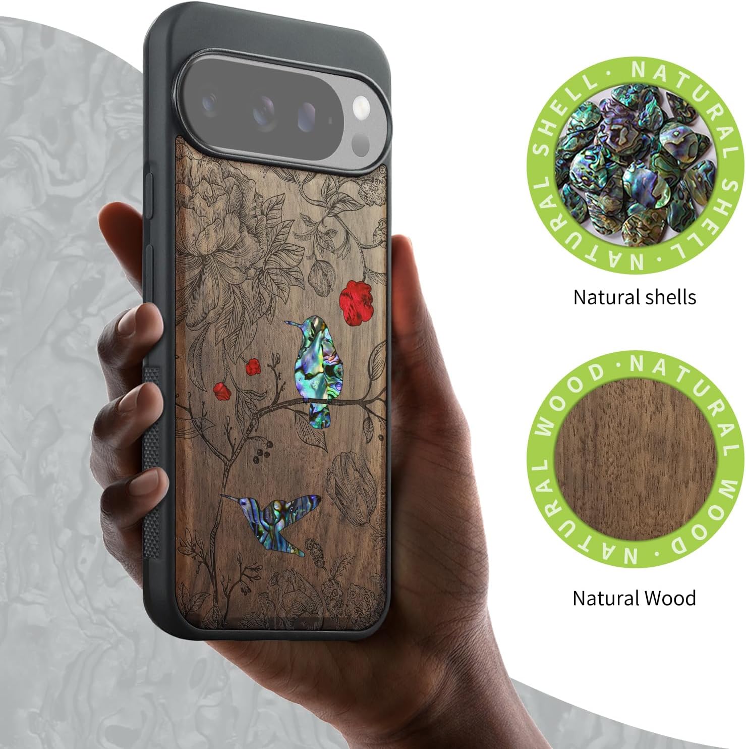 Carveit Magnetic Wooden Case for Pixel 10 / Pixel 10 Pro Case, Wood Artisan Engraved & Handmade Shell Inlaid, Compatible with MagSafe Wireless Chargers, A Dance of Flora and Avian - Walnut
