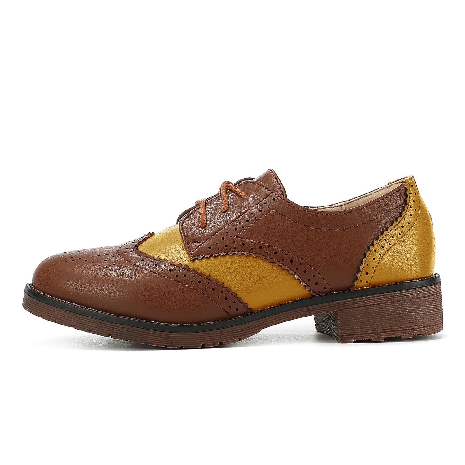 Fashion Women Oxford Shoes Block Heel Lace Up Derby Casual Brogue Shoes Brown Sneaker