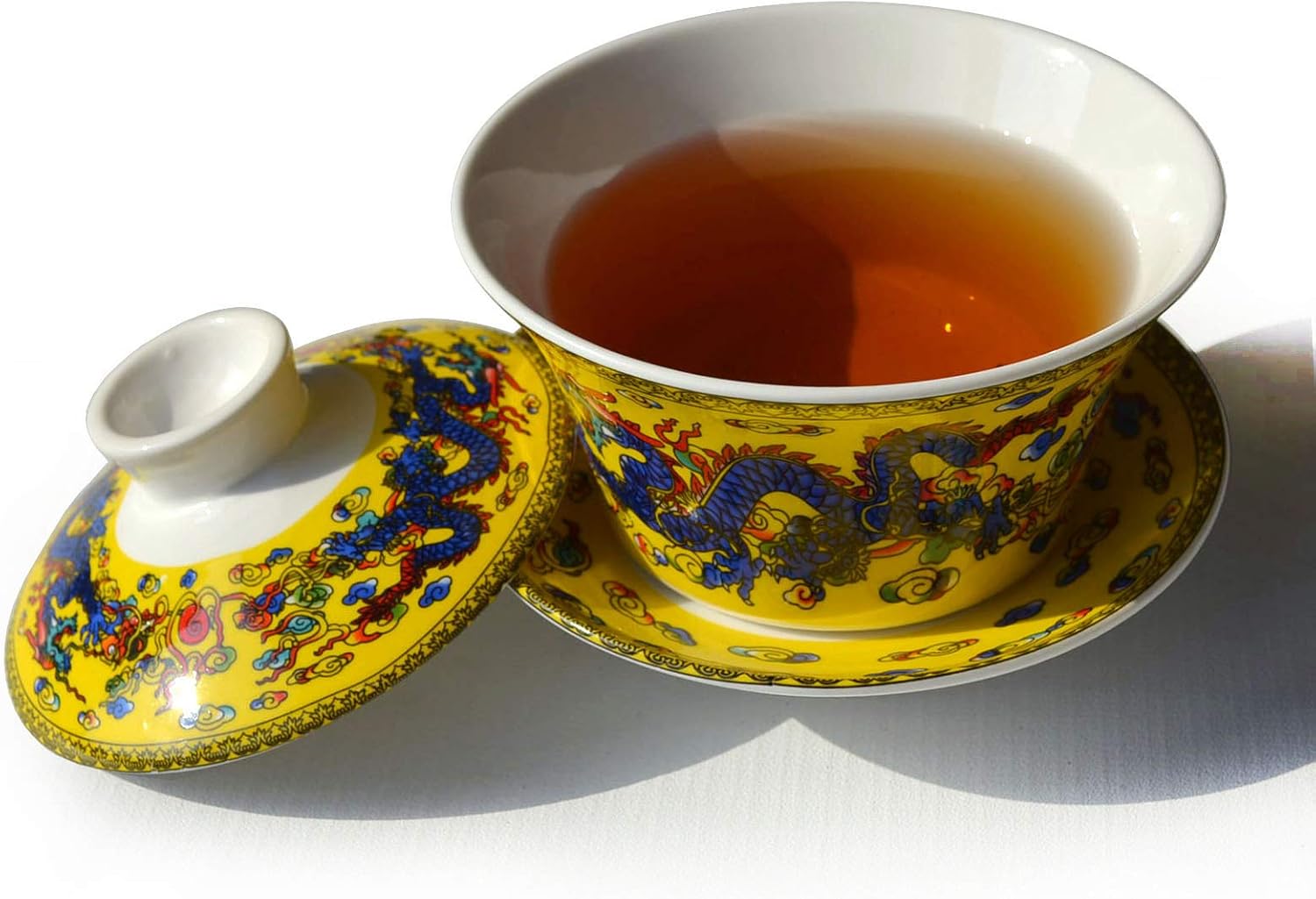 Gaiwan Teacup 7oz Chinese Dargon Sancai Cover Bowl Lip Saucer Set for Gongfu Tea (Yellow)