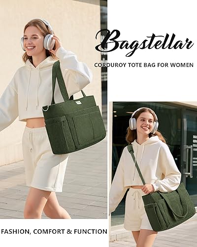 Vista 8 de Bolsa tote de pana para mujeres, 17 bolsillos para laptop de trabajo, ligera, para maestras, enfermeras, bolsa de hombro bíblica para escuela, Negro