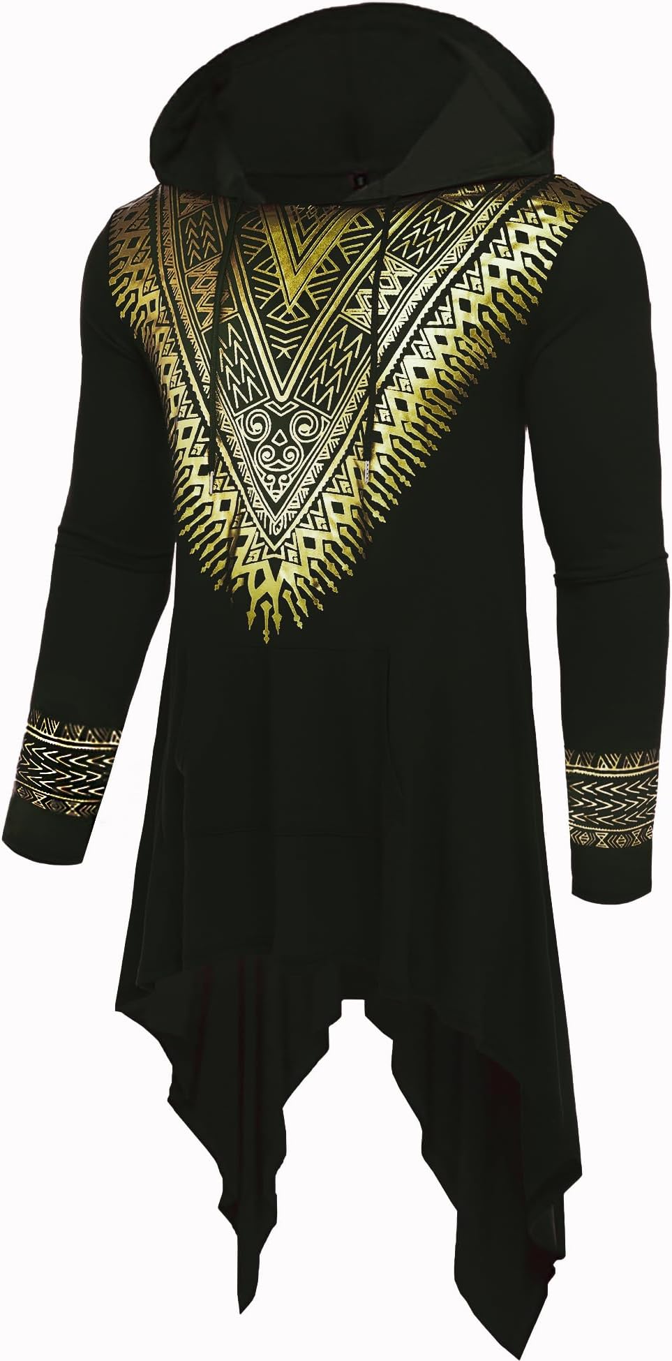OYOZONE Men's African Dashiki Hooded Poncho Cape Cloak Metallic Gold Printed Casual Asymmetric Hem Hoodie Sweatshirts