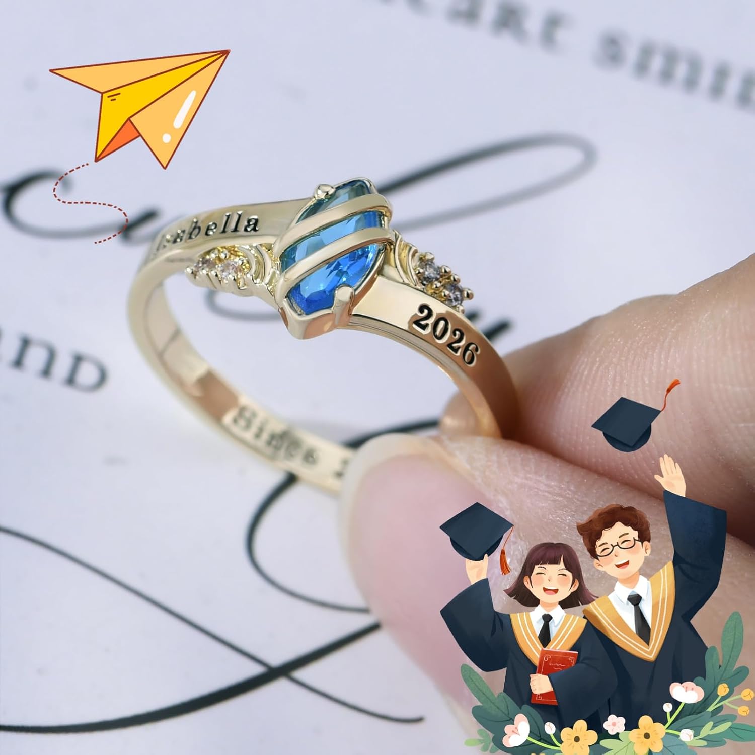 BABOOM Custom Class Rings for Women High School College Personalized Graduation Ring 2026 Customizable Birthstone Ring with Class Name Graduation Memorial Rings Gifts for Her
