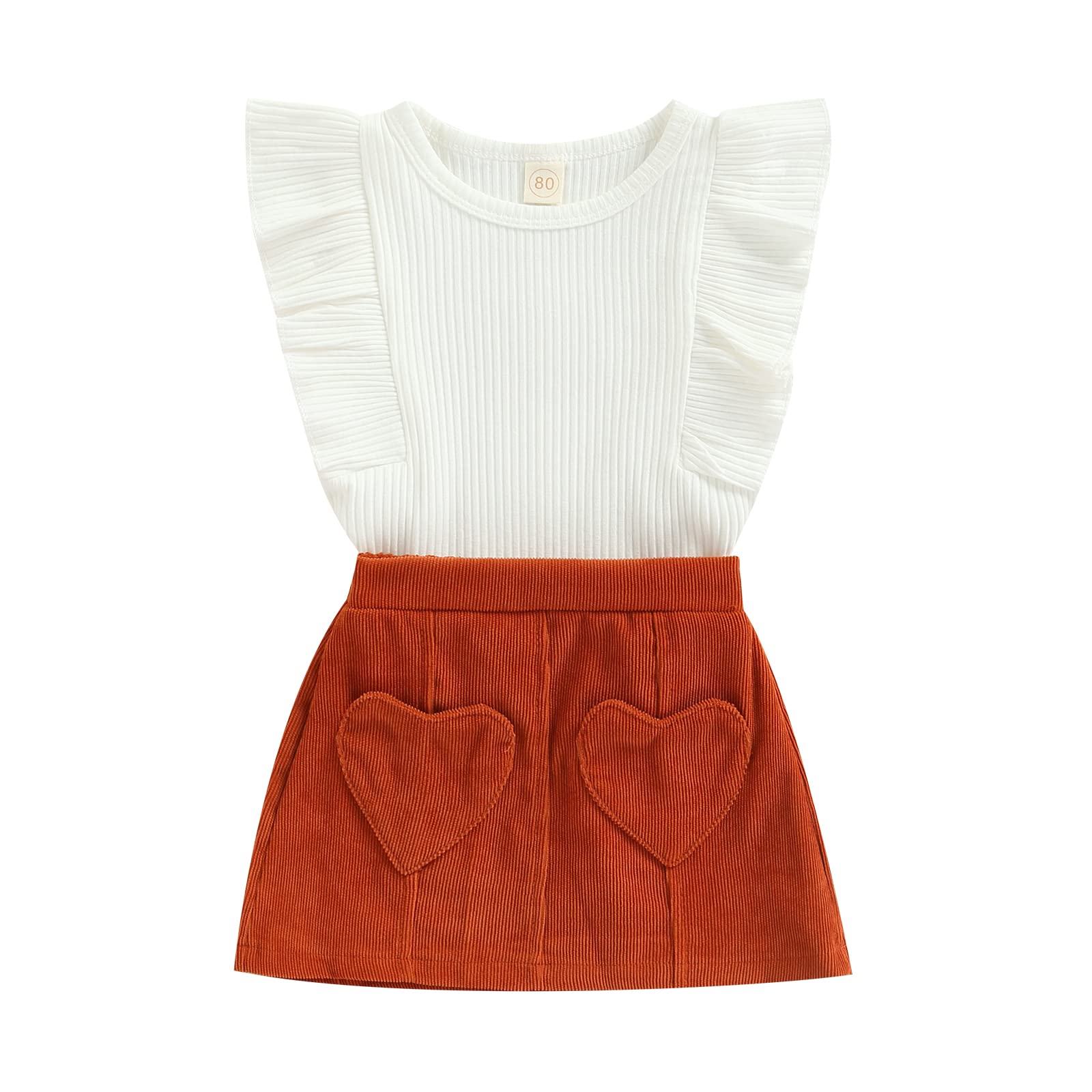 Toddler Infant Baby Girl Fashion Skirt Outfits Knitted T-Shirt Tops Button Mini Skirts Set 2Pcs Spring Summer Clothes (Heart+White, 3-4 Years)