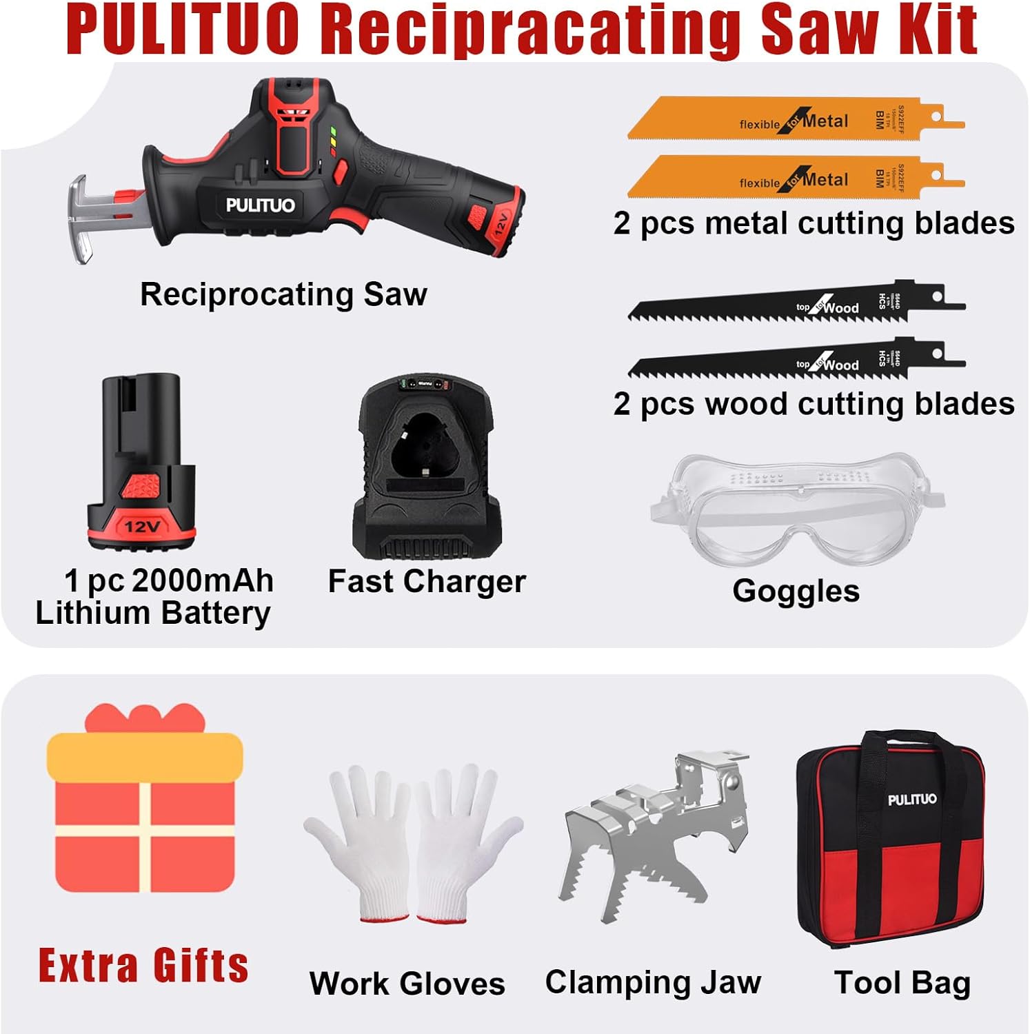 PULITUO Cordless Reciprocating Saw, Speed 3000SPM，with Clamping Jaw, 2000 mAh Battery/ 1-Hour Fast Charge,Safety Gloves& Goggles, 4Pcs of Saw Blades for Wood/Metal/PVC