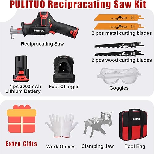 Miniatura 8 de PULITUO Sierra recíproca inalámbrica, velocidad 3000SPM, con mordaza de sujeción, batería de 2000 mAh, carga rápida de 1 hora, guantes de seguridad
