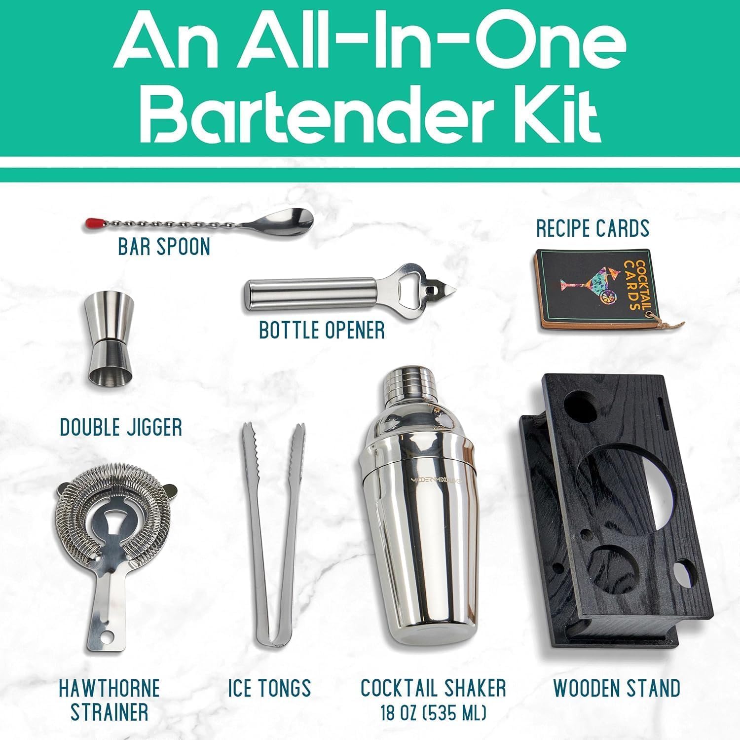 8-Piece Cocktail Shaker Set, Bartender Kit with Black Wood Stand, Stainless Steel Bar Tool Set for Drink Mixing Home Bartending Kit - Image 2