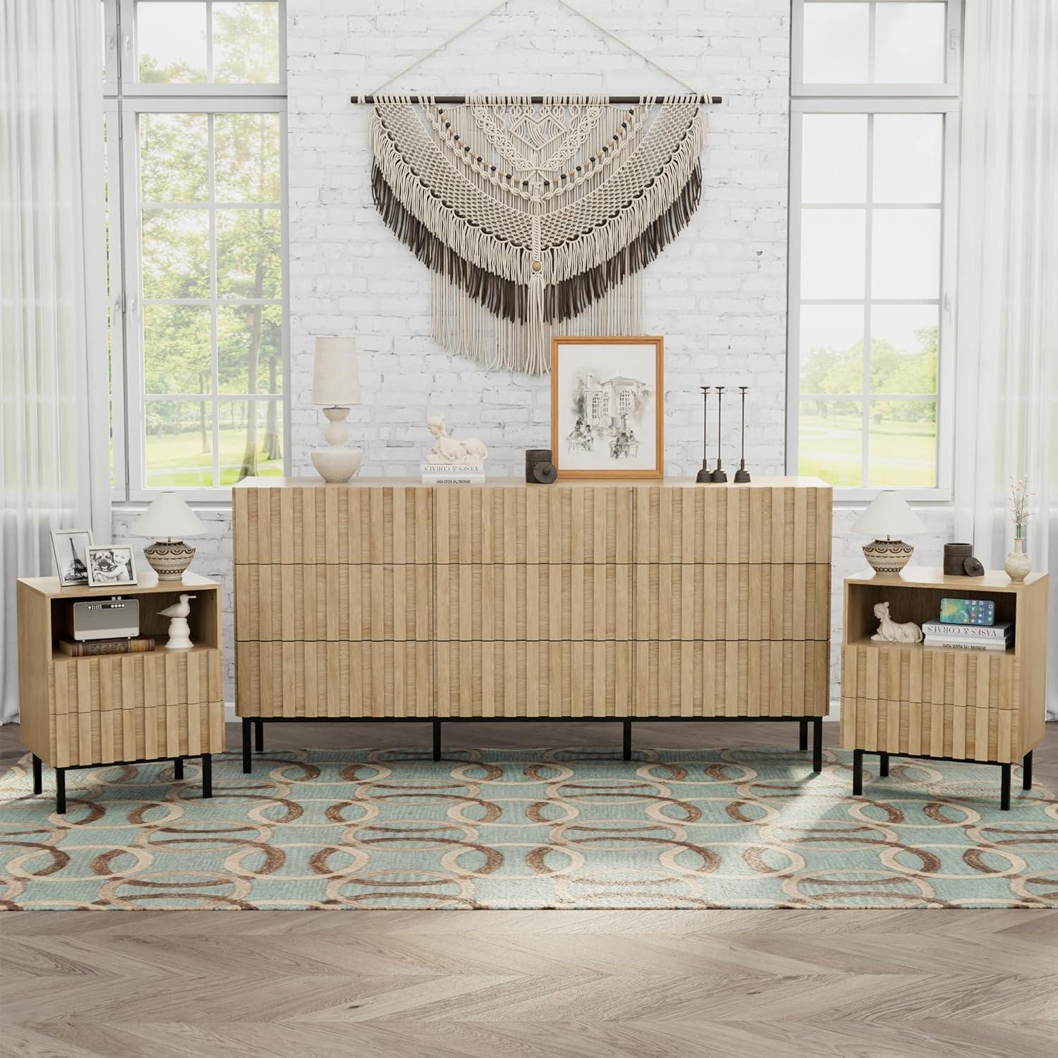 UEV Set mit 3 Schlafzimmermöbeln, 1 Kommode mit 9 Schubladen, 2 Nachttische, großer Stauraum, geräumige Decke, für Wohnzimmer, Schlafzimmer, Holzmuster, Metallbeine, Natur