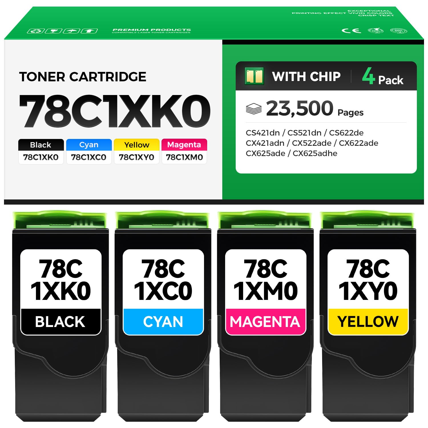 78C1XK0 78C1XC0 78C1XM0 78C1XY0 Toner Cartridge Set 4-Pack High Yield Replacement Compatible with Lexmark CS421dn CS521dn CS622de CX421adn CX522ade CX622ade CX625ade CX625adhe Laser Printer Ink Black