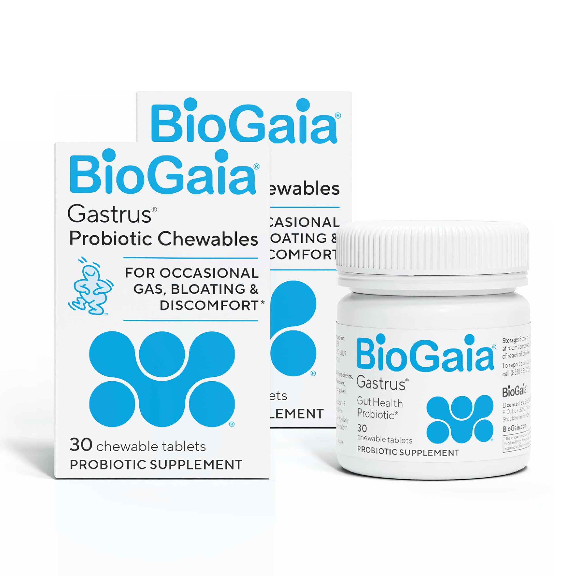 BioGaia Gastrus Chewable Tablets, Adult Probiotic Supplement for Stomach Discomfort, Constipation, Gas, Bloating, Regularity, Non-GMO, 30 Tablets, 2 Pack