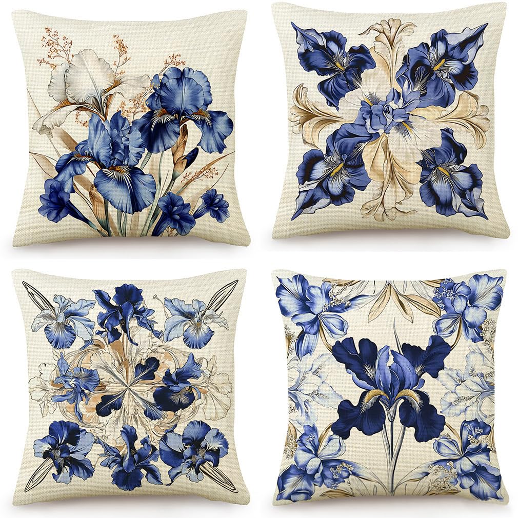 Housse de coussin bohème haut de gamme en lin bleu marine 45x45 cm | Lot de 4