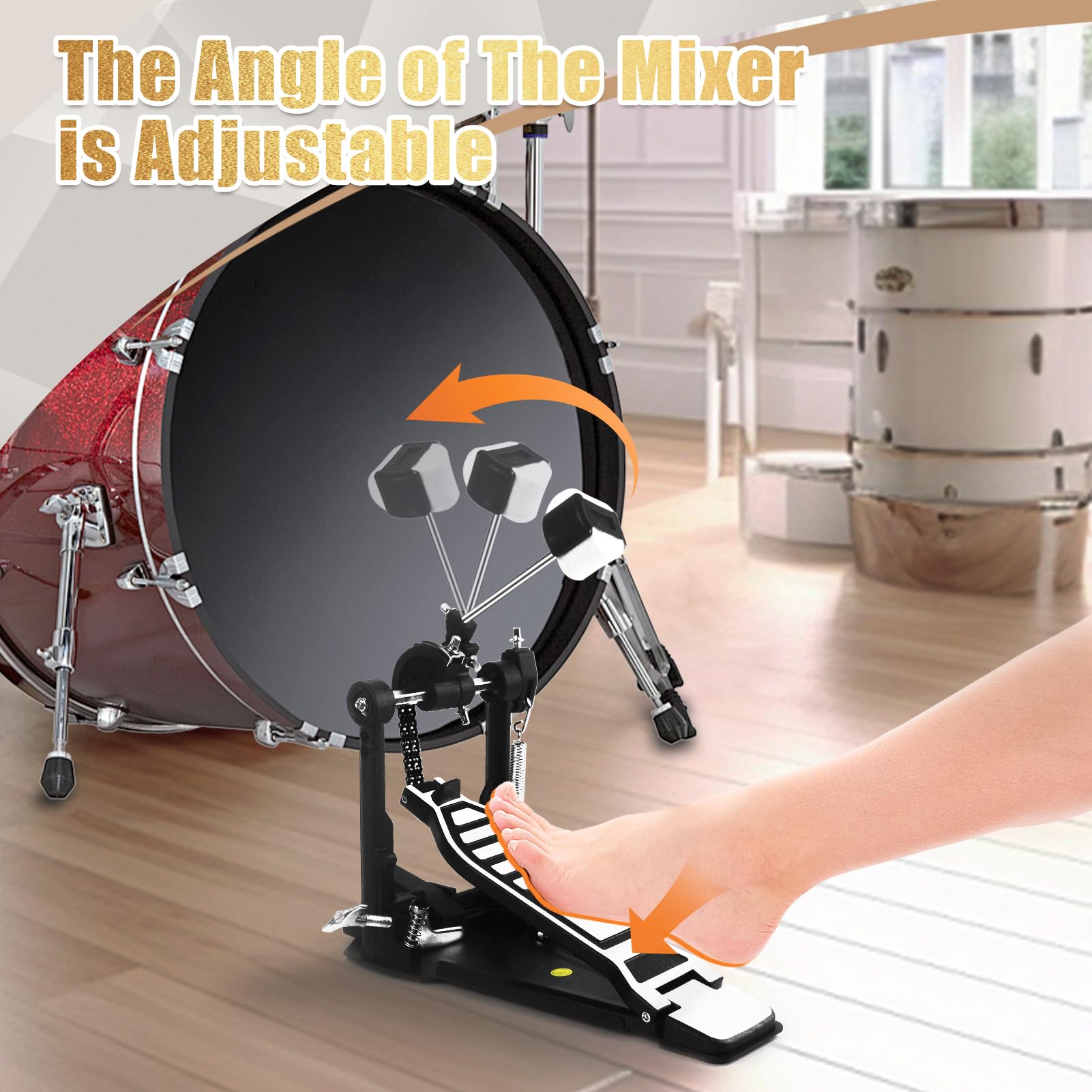 Pedal de bombo de un solo patada, pedal de doble cadena de alta resistencia, hardware de percusión para juego intenso, sistema de leva de potencia totalmente ajustable y juego de tambor