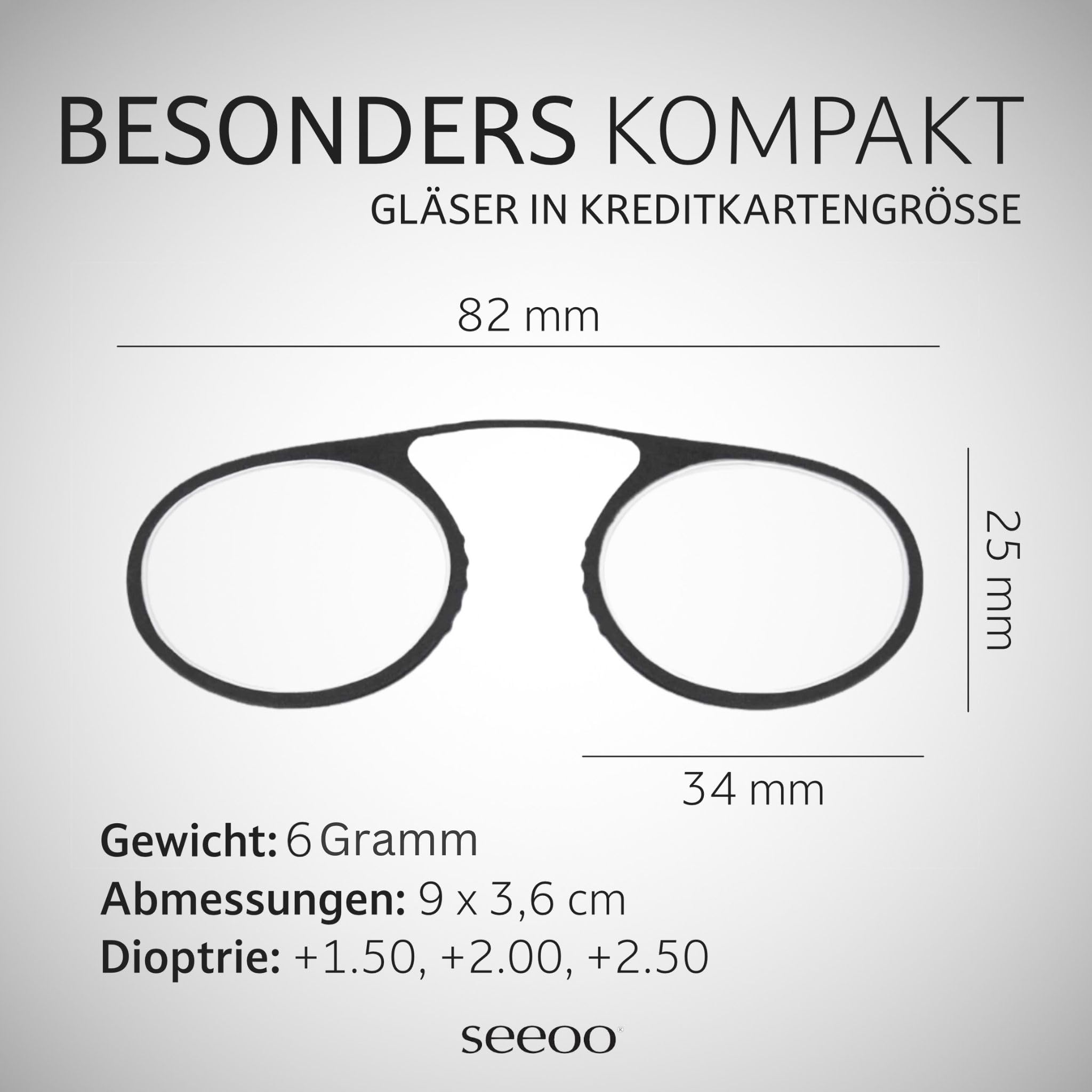 seeoo One - Kompakte Bügellose Mini Lesebrille vom Optiker +1.50, +2.00, +2.50 – Ideal für Reisen & Unterwegs, Inklusive Etui – Leichte, Tragbare Sehhilfe, Perfekt für den Alltag