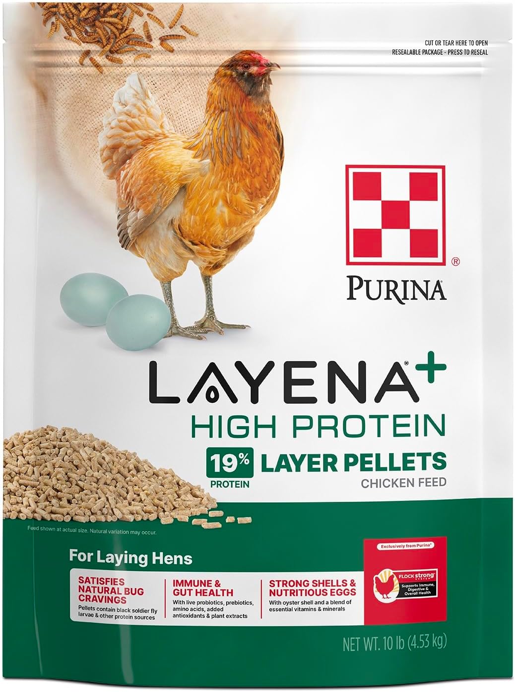 Purina Layena + High Protein Layer Chicken Feed with Black Soldier Fly Larvae - 10 lb for Healthy Egg-Laying Hens