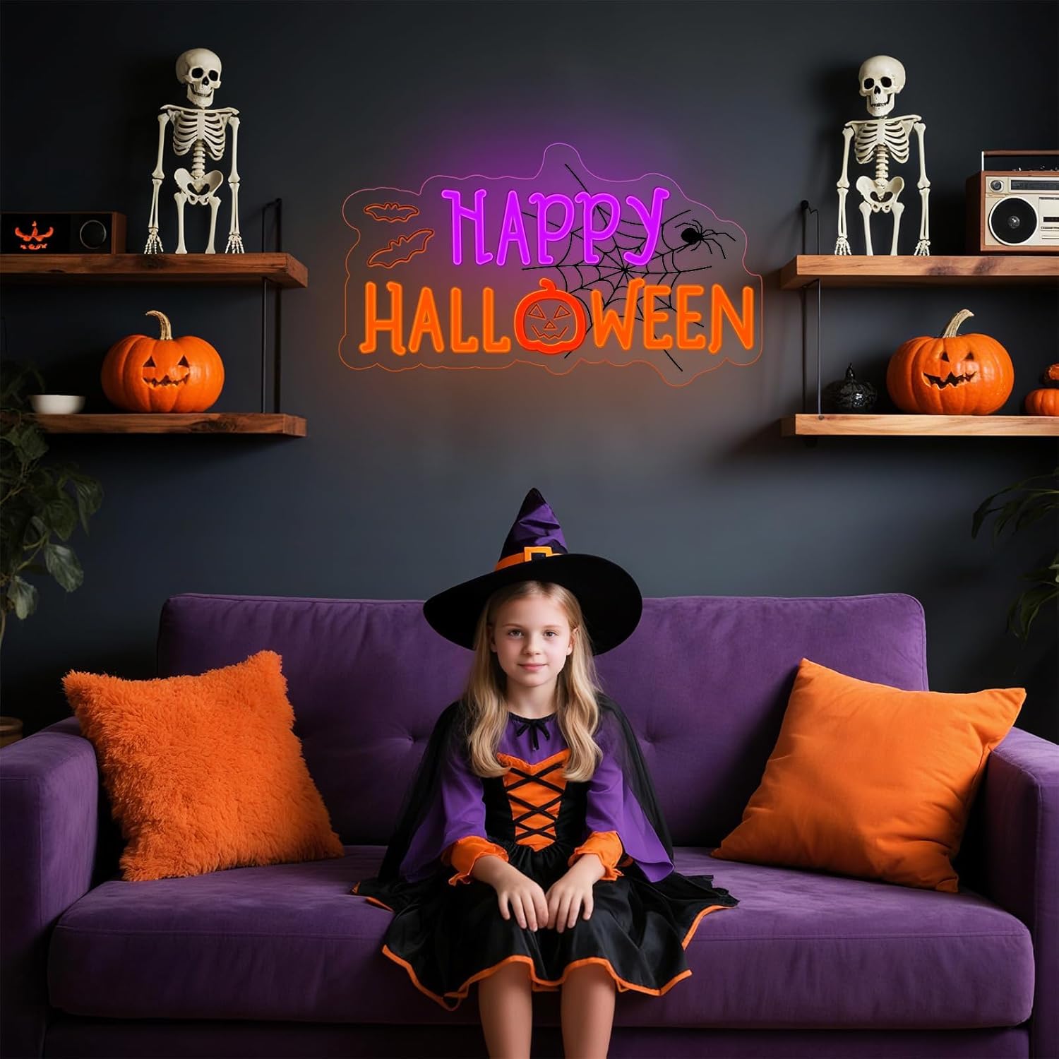 Halloween Neon Sign for Halloween Wall Decor,Dimmable Neon Light Bat & Pumpkin Light Up Signs for Halloween Bedroom Horror Party Bar Background Decoration