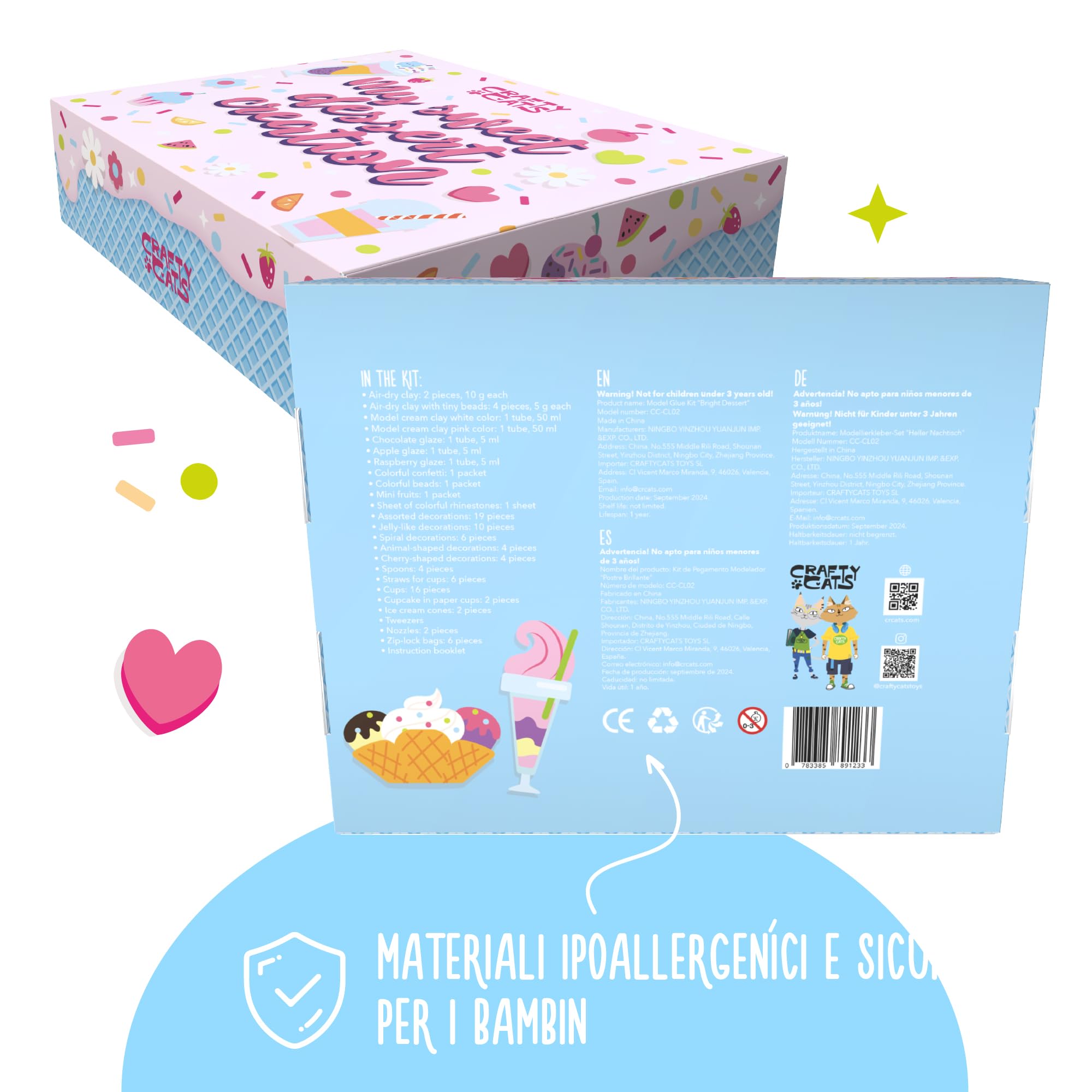 CRAFTY CATS DIY Kit Creativo Festa dei Dolci – 115 pezzi, argilla ad asciugatura all’aria, perline e simulazione di crema con beccucci, set creativo per bambini, idea regalo