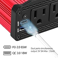 Vista 4 de ALLWEI Inversor de coche de 300 W con puerto USB 3.0 USB-C de 65 W - CC 12 V a 110 V (rojo y azul)